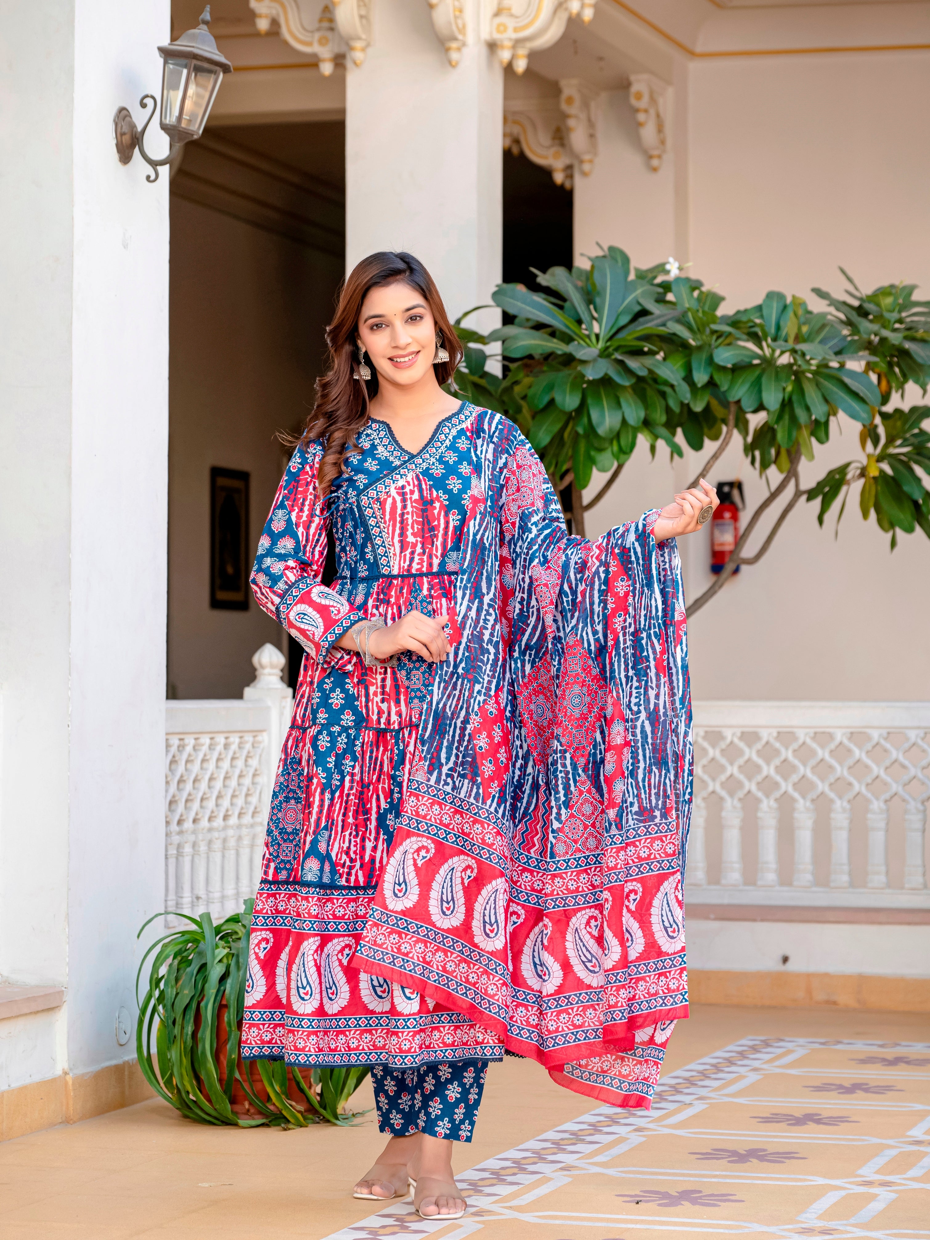 Blue Red Cotton Embroidered Festival Casual Anarkali Kurti With Pant and Dupatta