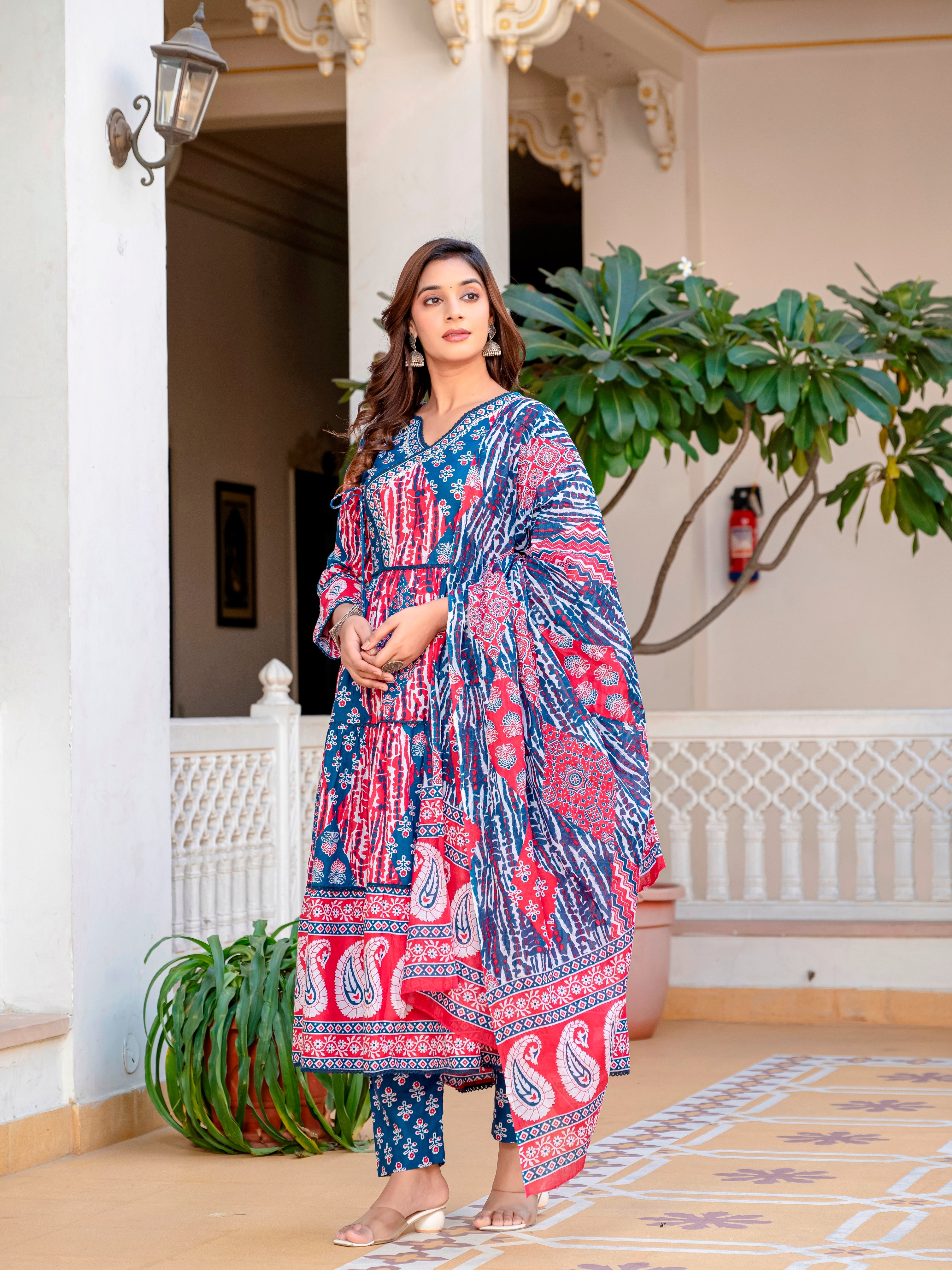 Blue Red Cotton Embroidered Festival Casual Anarkali Kurti With Pant and Dupatta