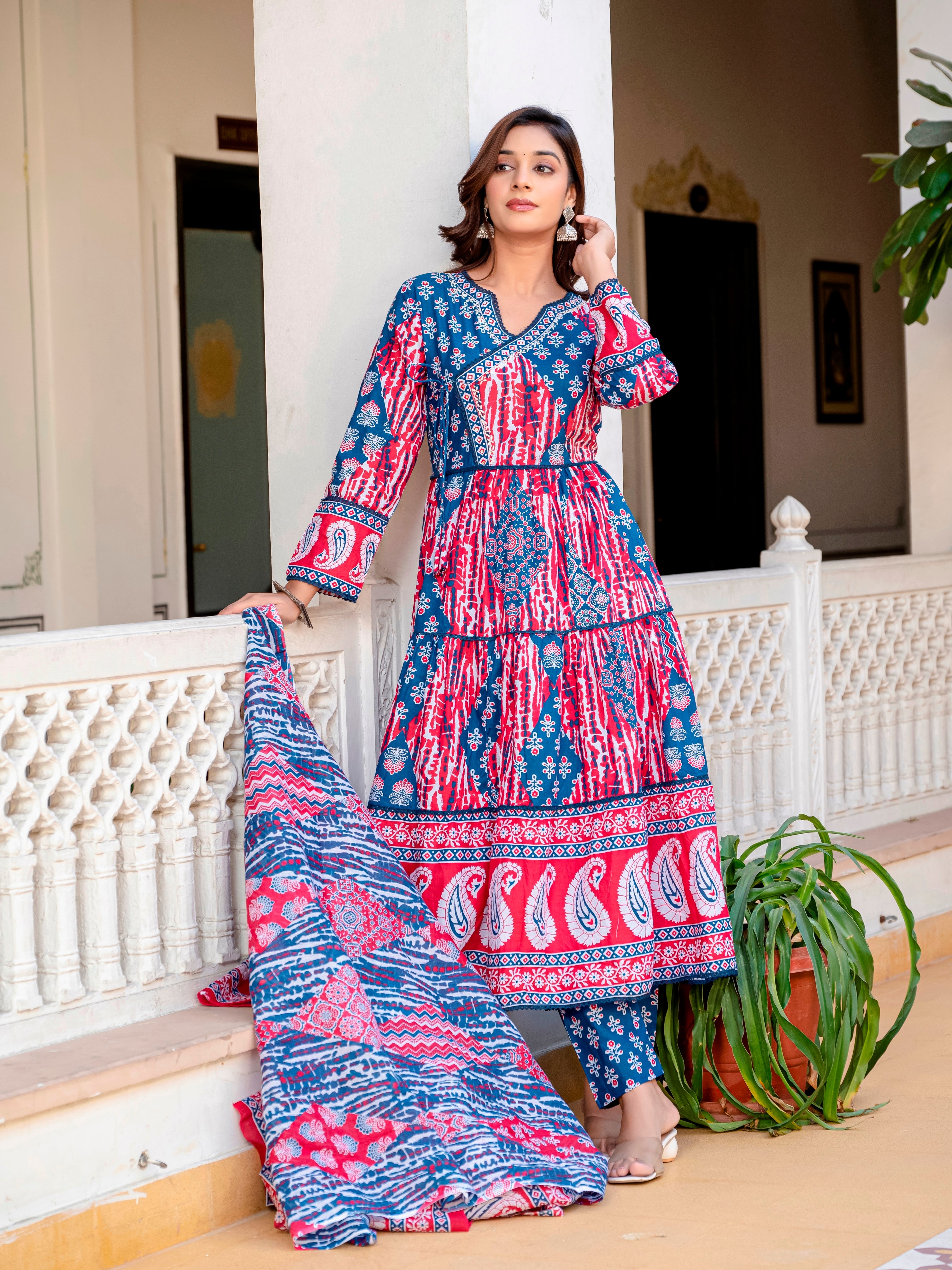 Blue Red Cotton Embroidered Festival Casual Anarkali Kurti With Pant and Dupatta