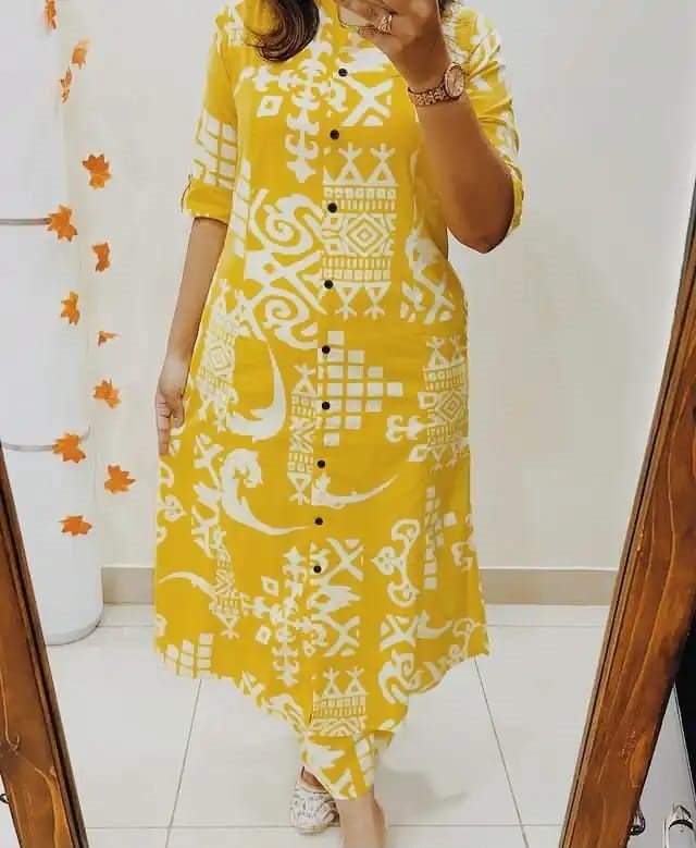 Women Yellow Geometric Printed Cotton Co-ord Set A-line Pattern Paried With Ankle Length Pant (CORD SET)
