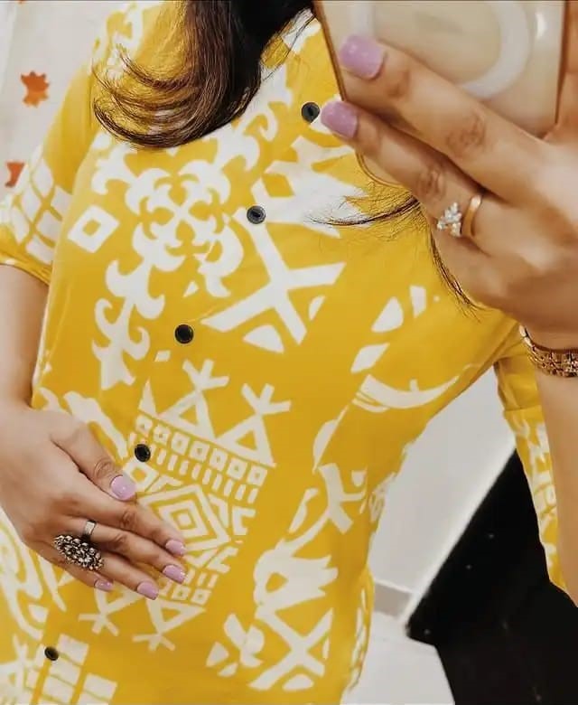 Women Yellow Geometric Printed Cotton Co-ord Set A-line Pattern Paried With Ankle Length Pant (CORD SET)