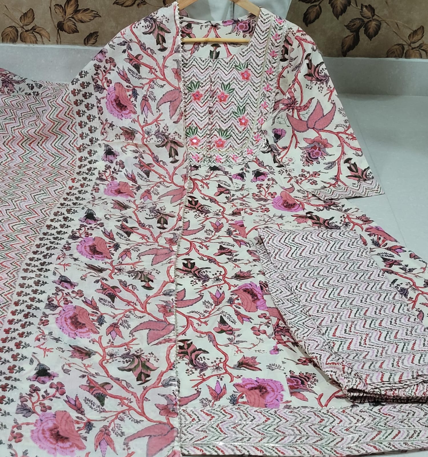 Multicolor Flared Cotton Flower Printed Kurti With Pant And Dupatta For Women