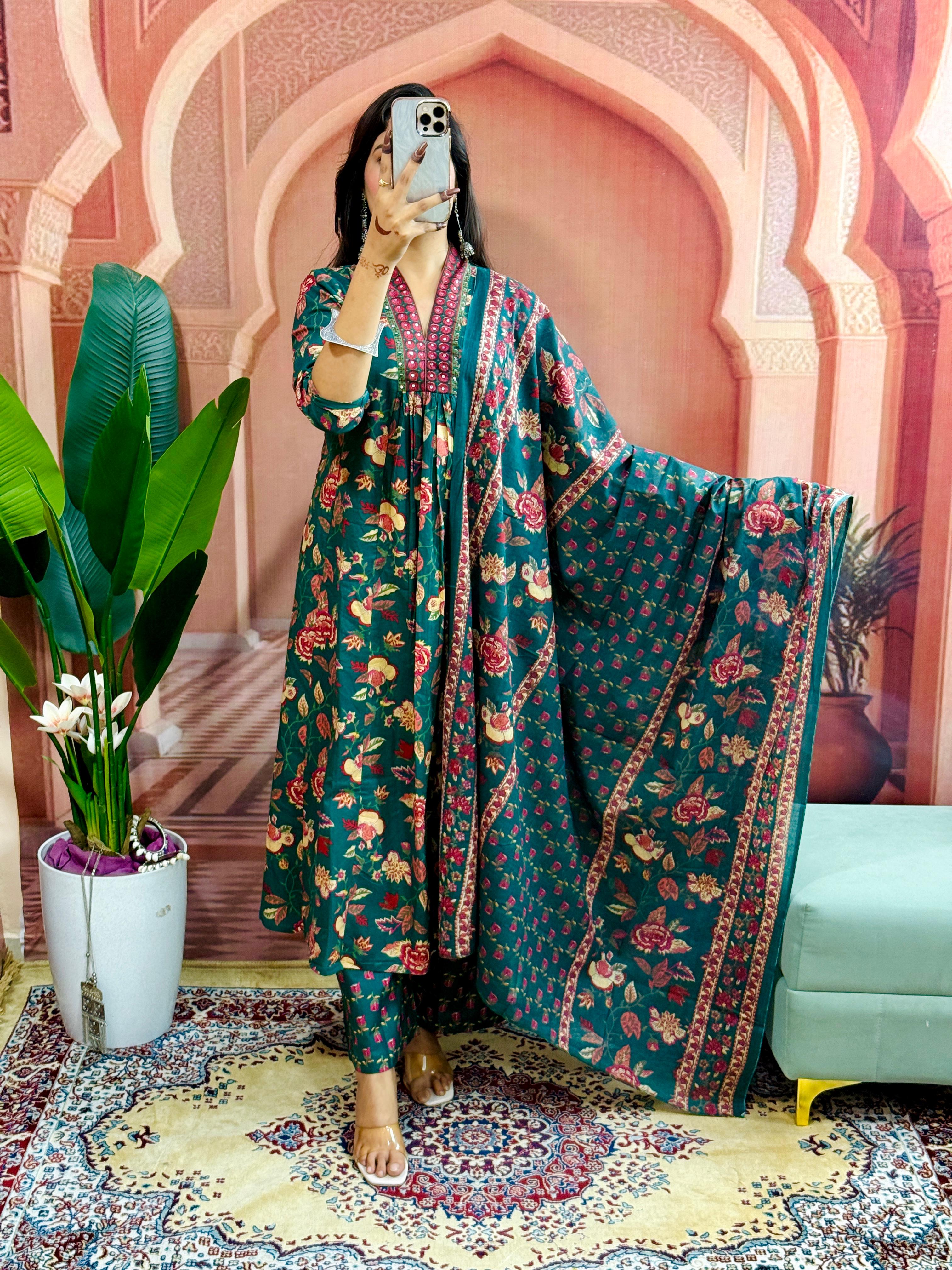 Mustard Yellow Women Beautiful Cotton Flower Printed Neckline Worked Kurta And Pant With Cotton Mulmul Dupatta