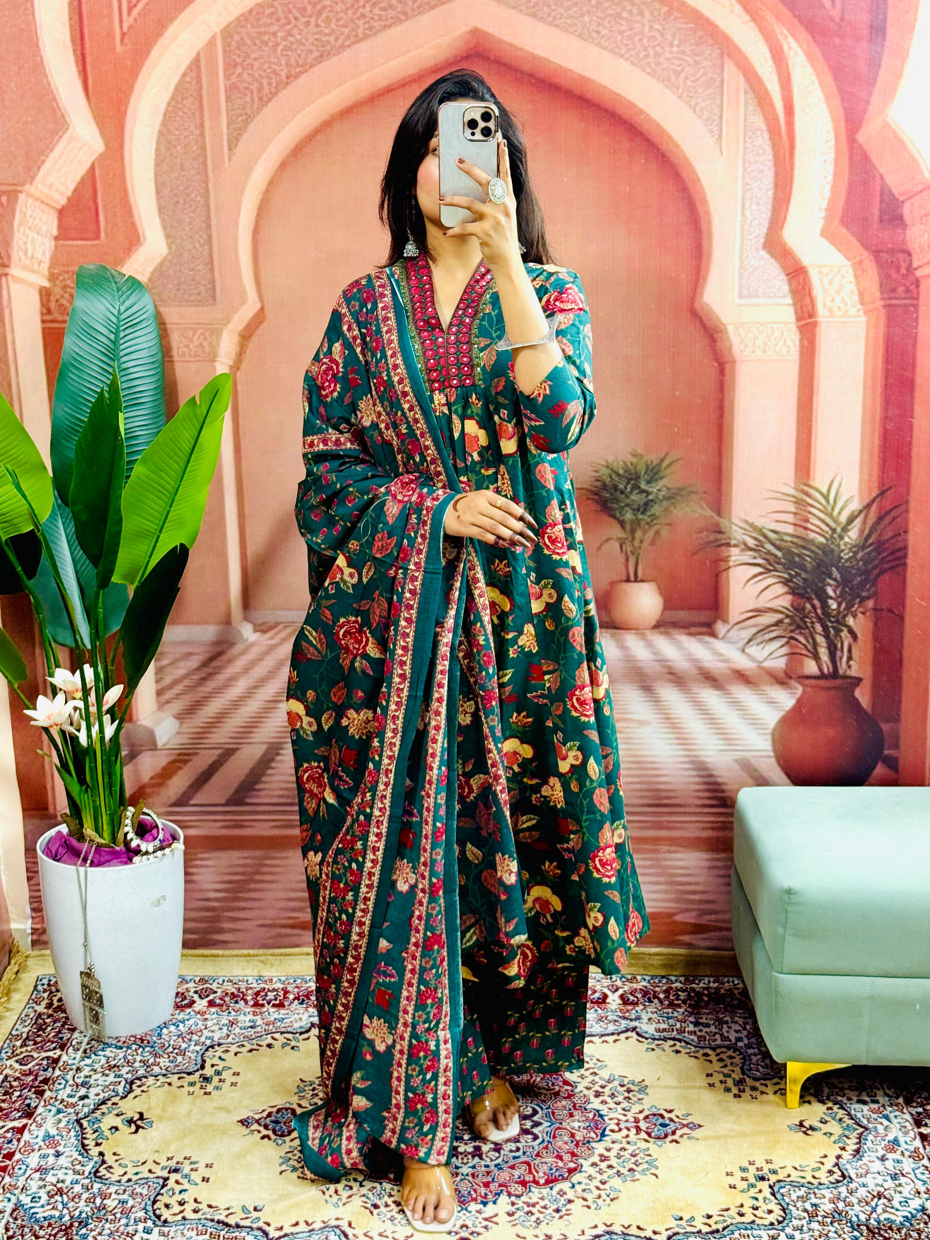 Mustard Yellow Women Beautiful Cotton Flower Printed Neckline Worked Kurta And Pant With Cotton Mulmul Dupatta