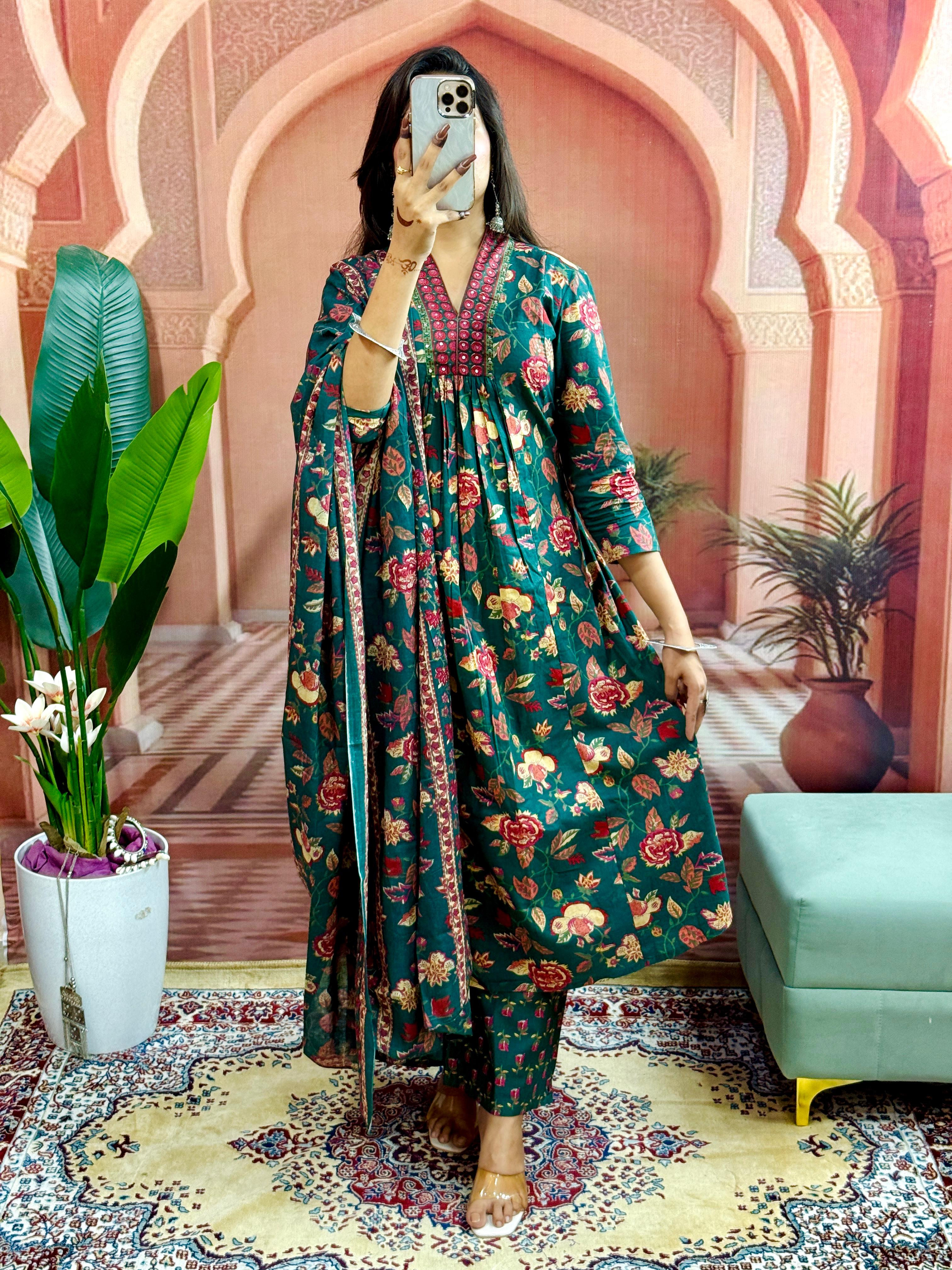 Mustard Yellow Women Beautiful Cotton Flower Printed Neckline Worked Kurta And Pant With Cotton Mulmul Dupatta