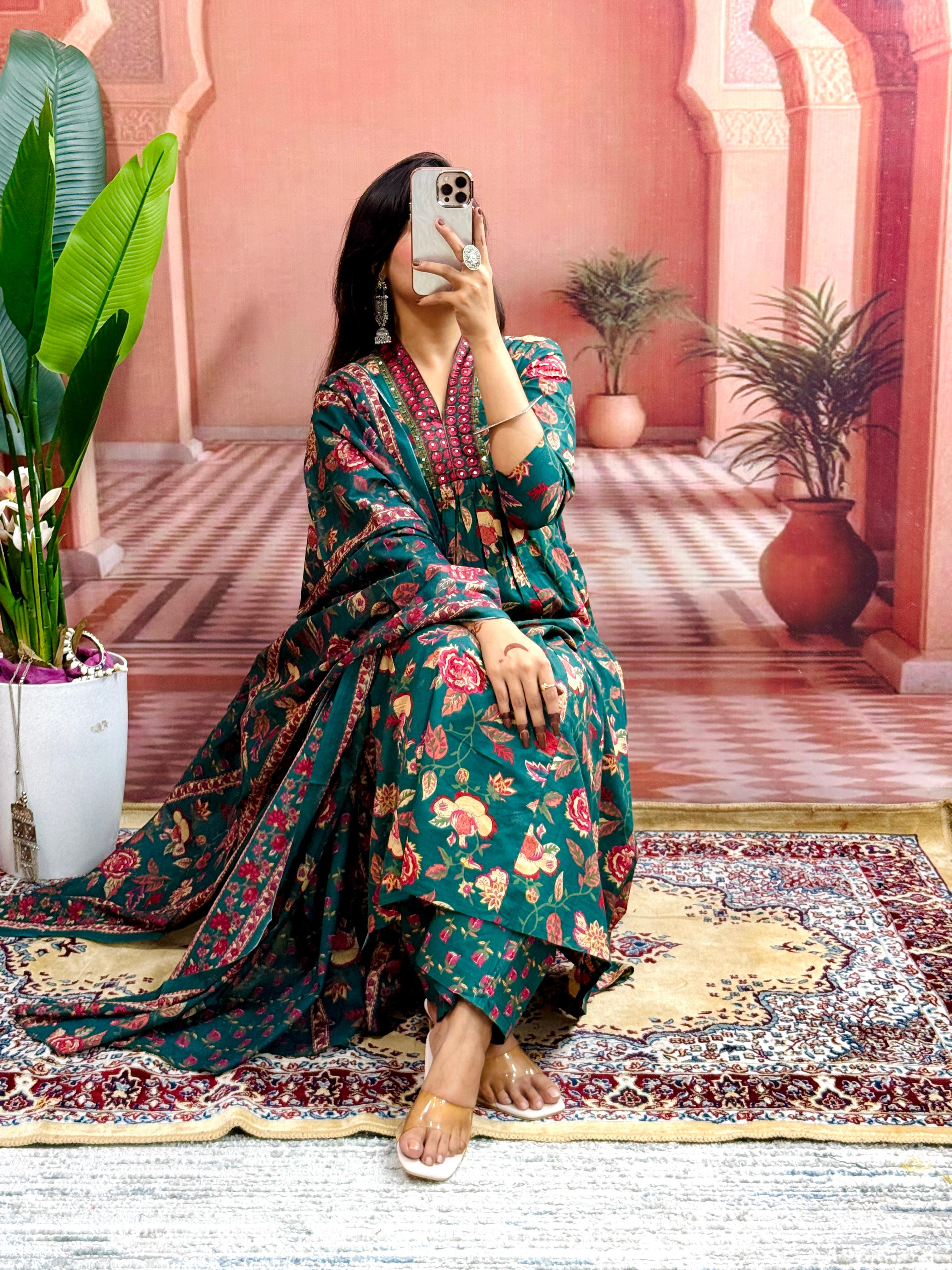 Mustard Yellow Women Beautiful Cotton Flower Printed Neckline Worked Kurta And Pant With Cotton Mulmul Dupatta