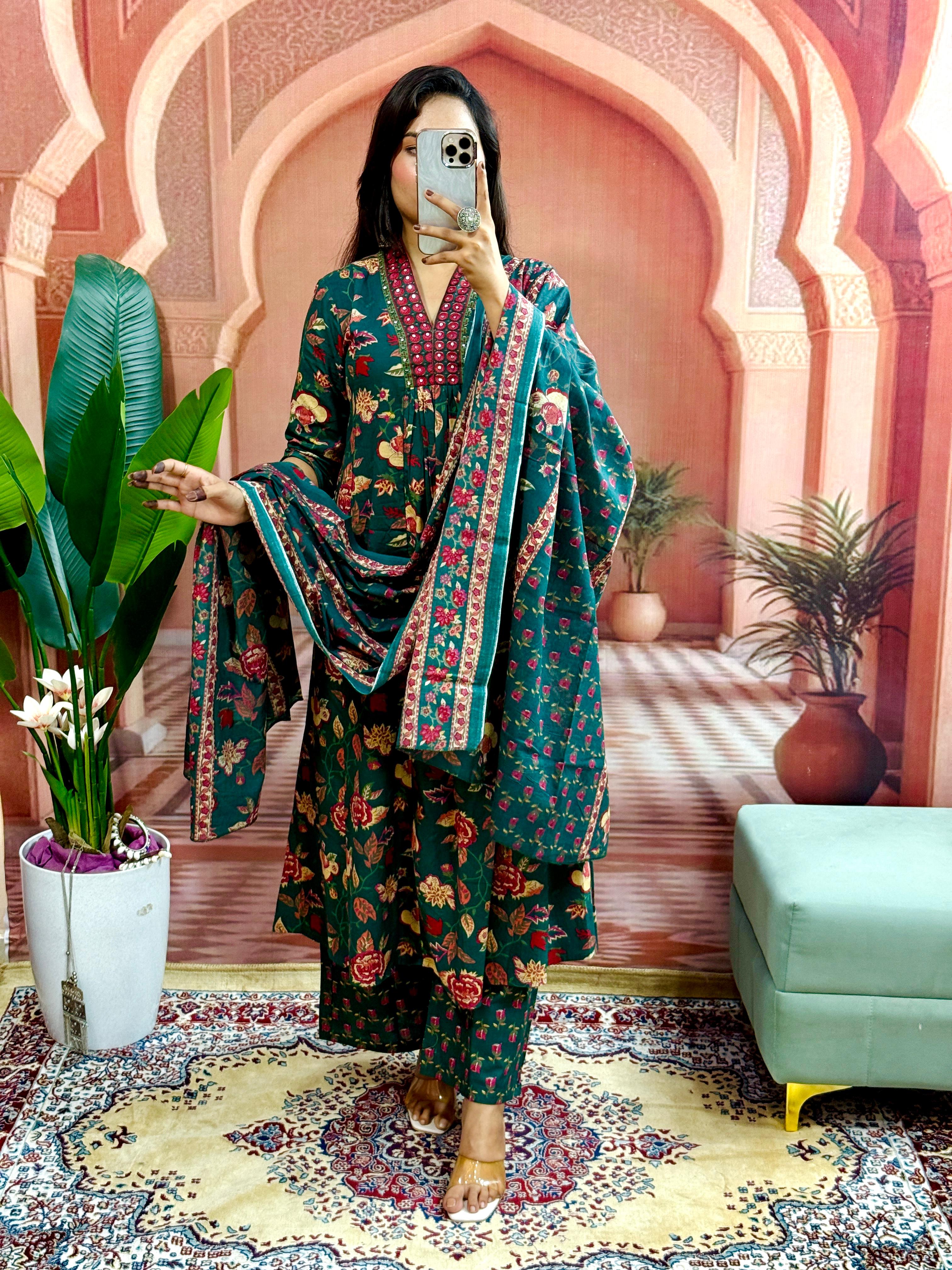 Mustard Yellow Women Beautiful Cotton Flower Printed Neckline Worked Kurta And Pant With Cotton Mulmul Dupatta