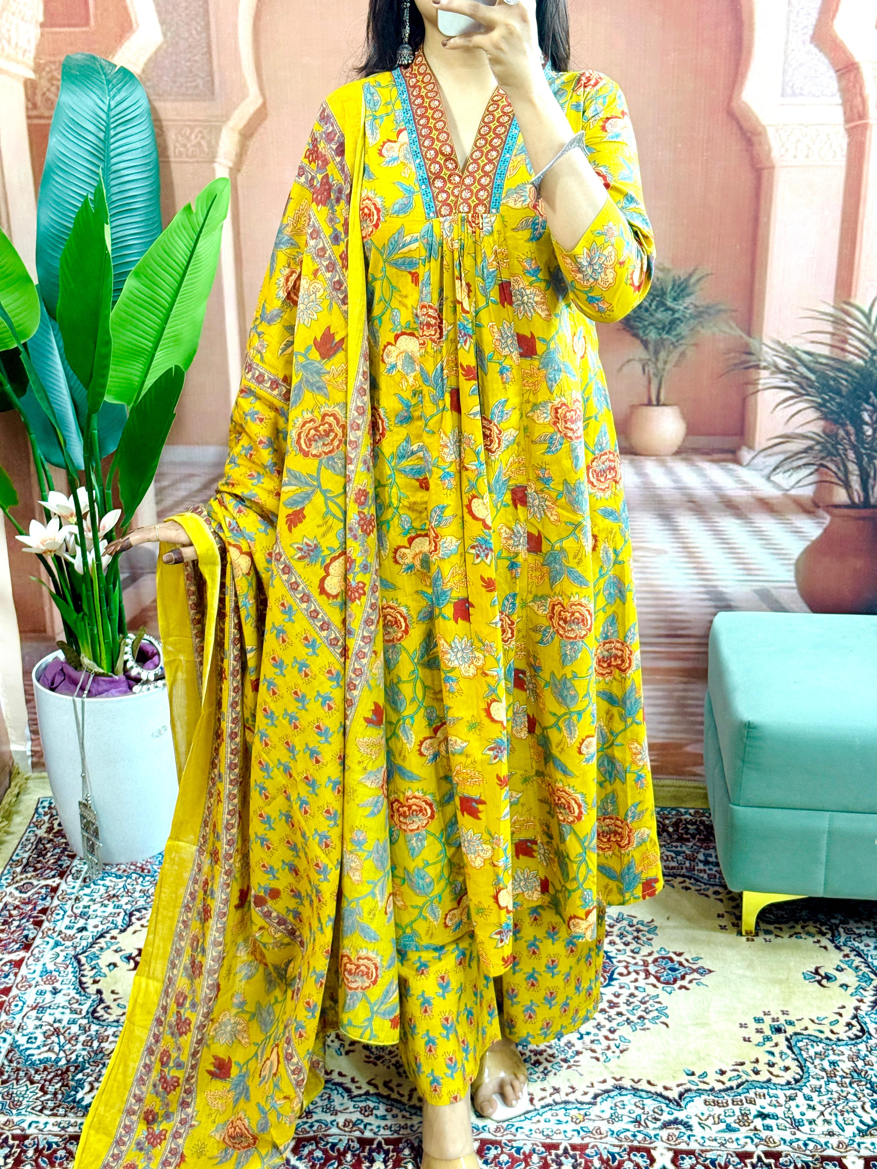 Mustard Yellow Women Beautiful Cotton Flower Printed Neckline Worked Kurta And Pant With Cotton Mulmul Dupatta