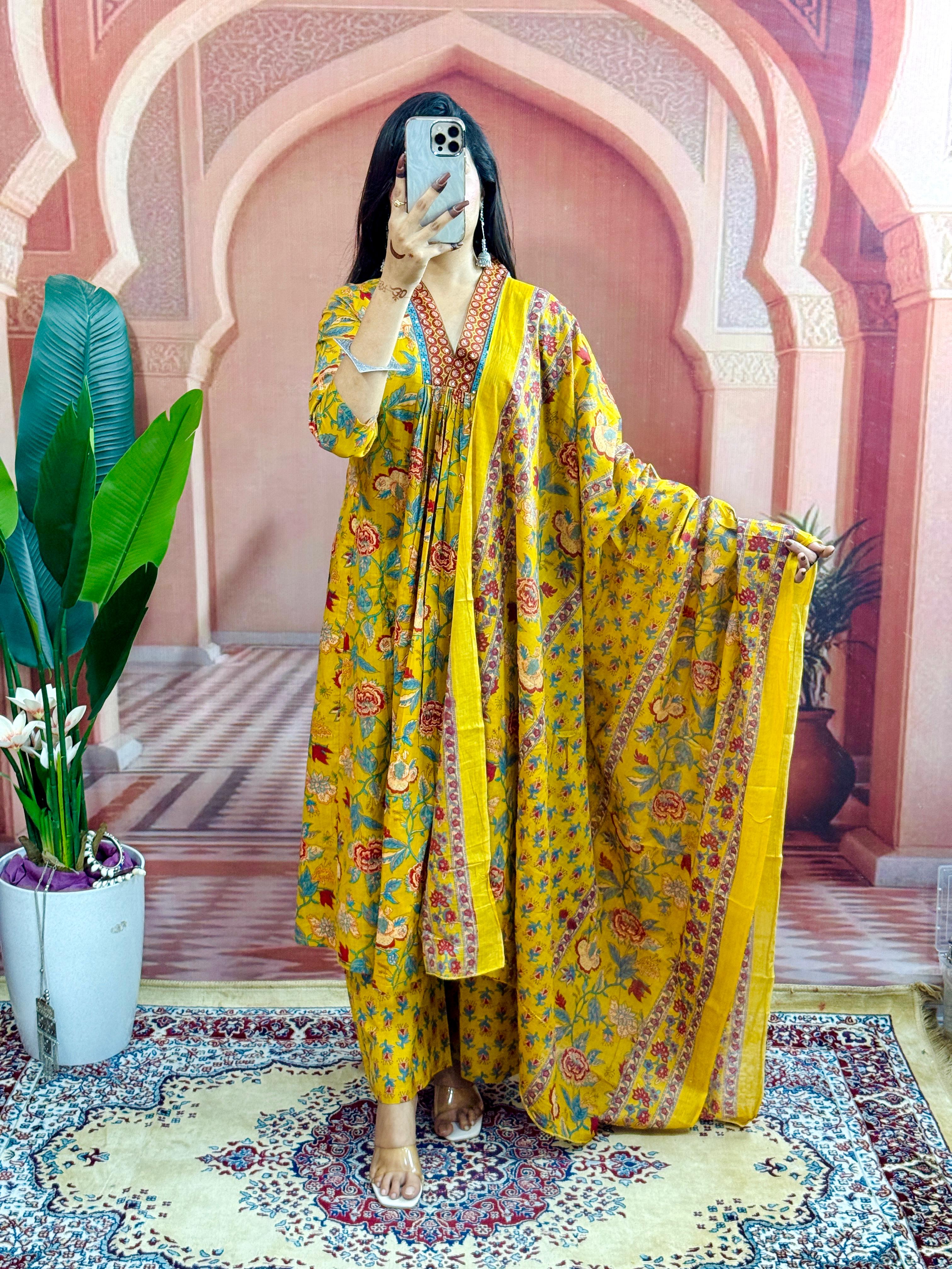 Mustard Yellow Women Beautiful Cotton Flower Printed Neckline Worked Kurta And Pant With Cotton Mulmul Dupatta