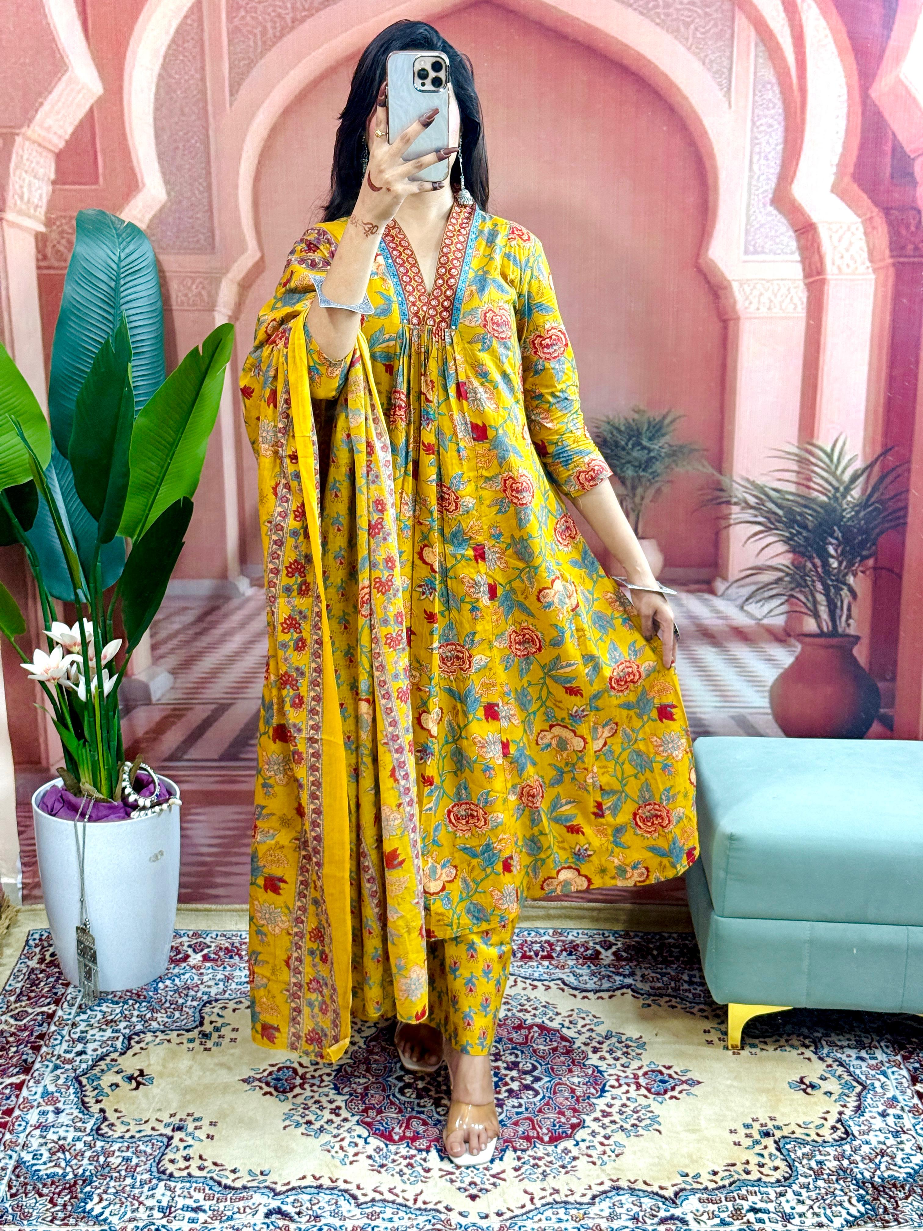 Mustard Yellow Women Beautiful Cotton Flower Printed Neckline Worked Kurta And Pant With Cotton Mulmul Dupatta