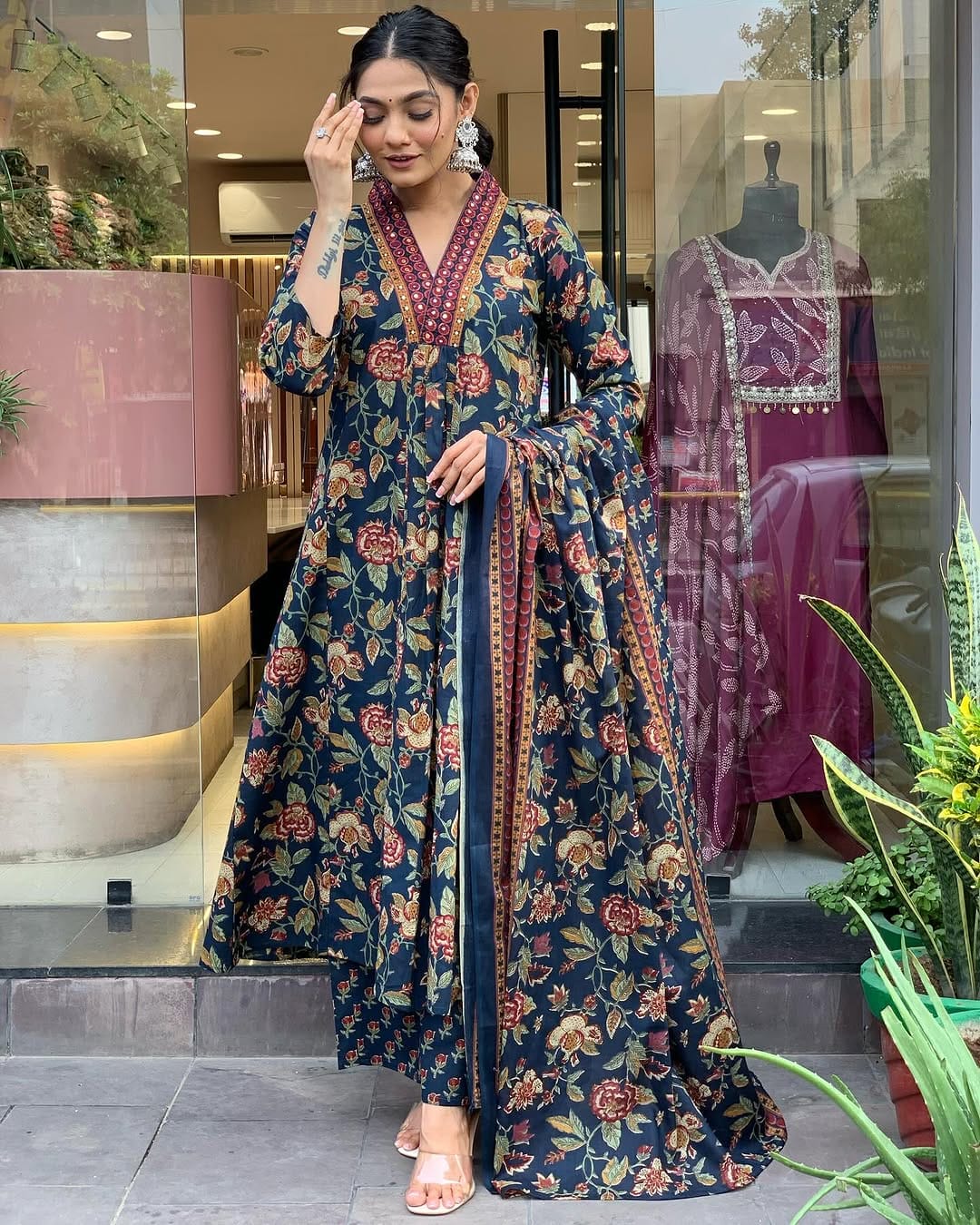 Mustard Yellow Women Beautiful Cotton Flower Printed Neckline Worked Kurta And Pant With Cotton Mulmul Dupatta