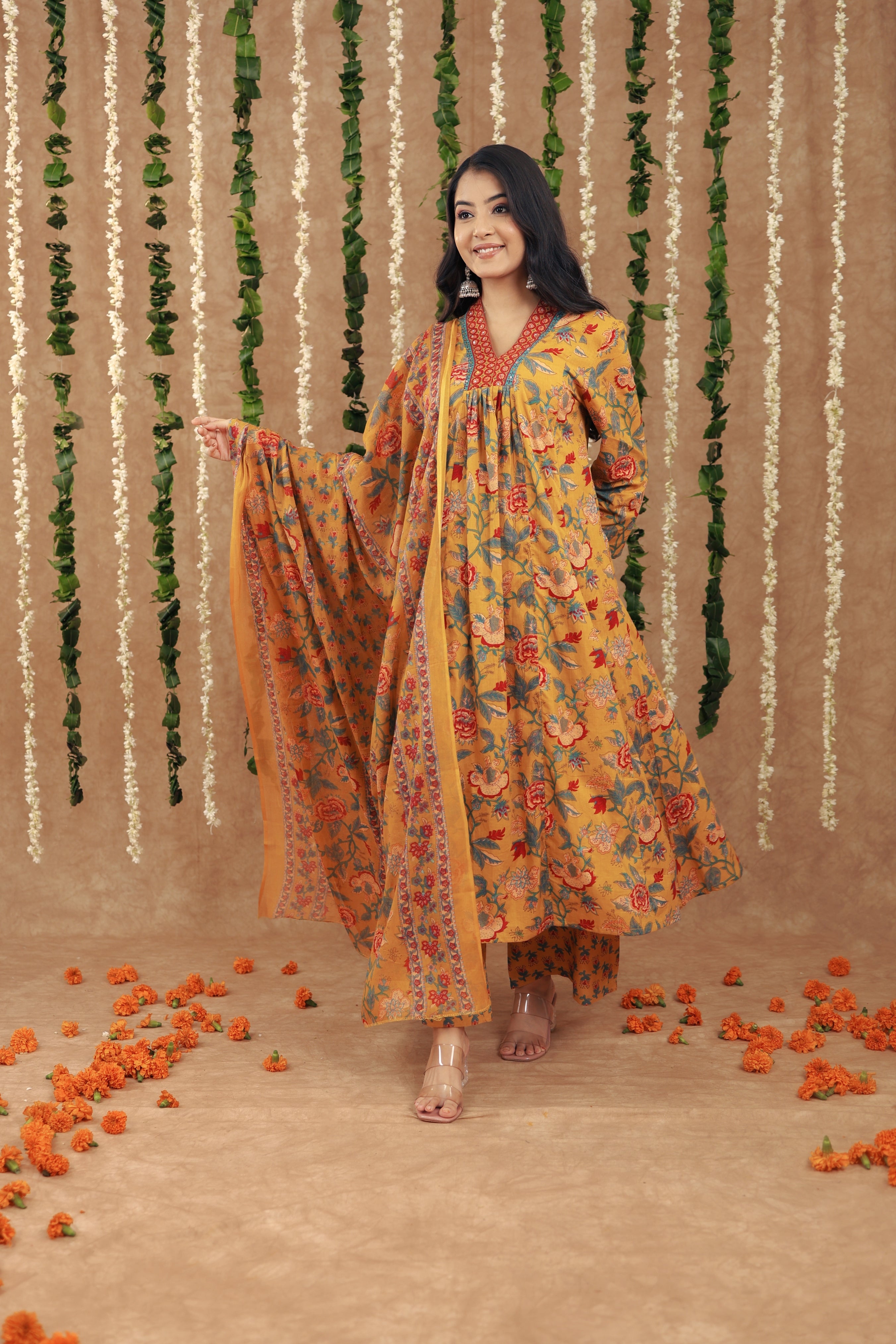 New Mustard Yellow Women Beautiful Cotton Flower Printed Neckline Worked Kurta And Pant With Cotton Mulmul Dupatta