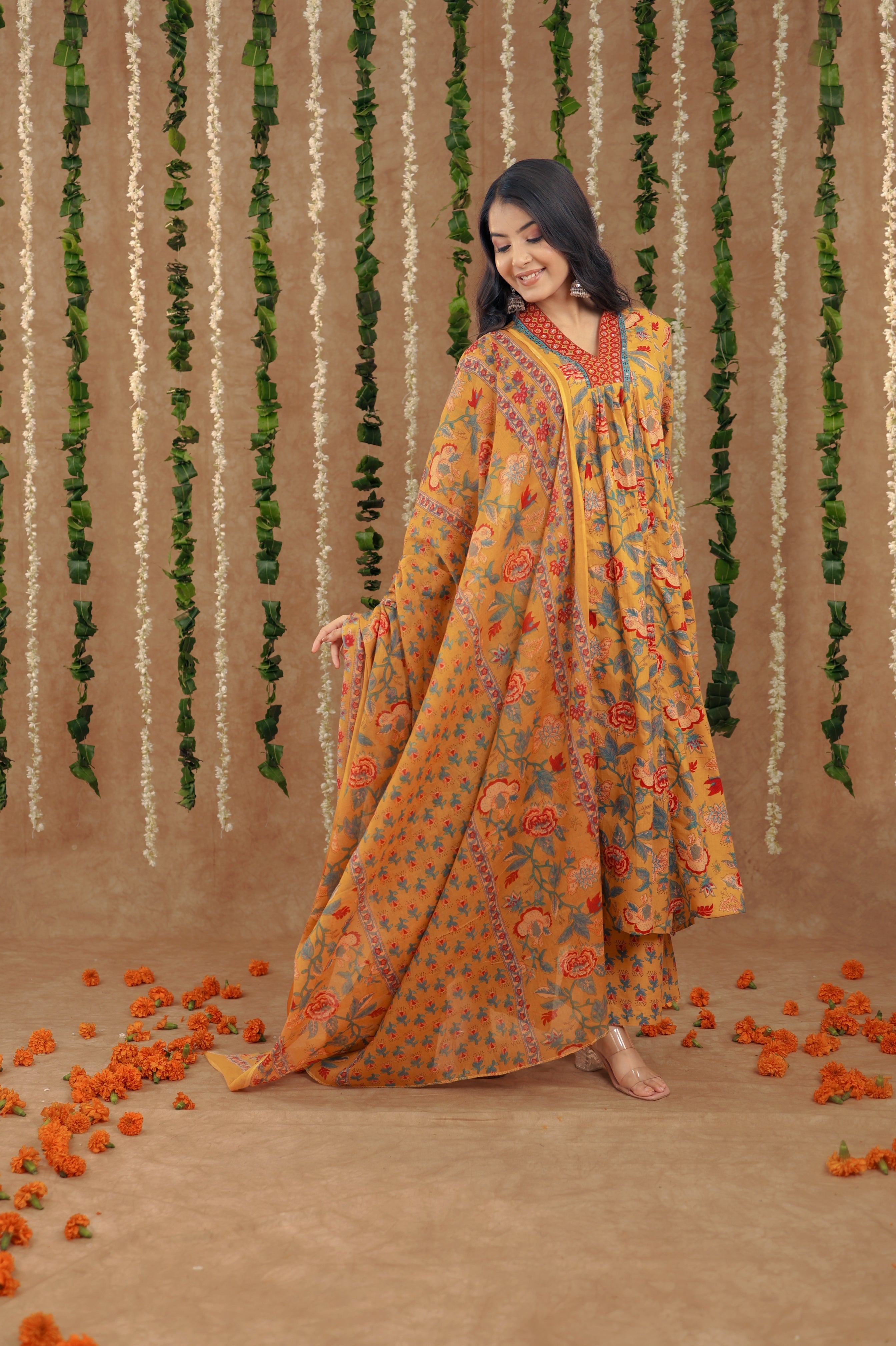 New Mustard Yellow Women Beautiful Cotton Flower Printed Neckline Worked Kurta And Pant With Cotton Mulmul Dupatta