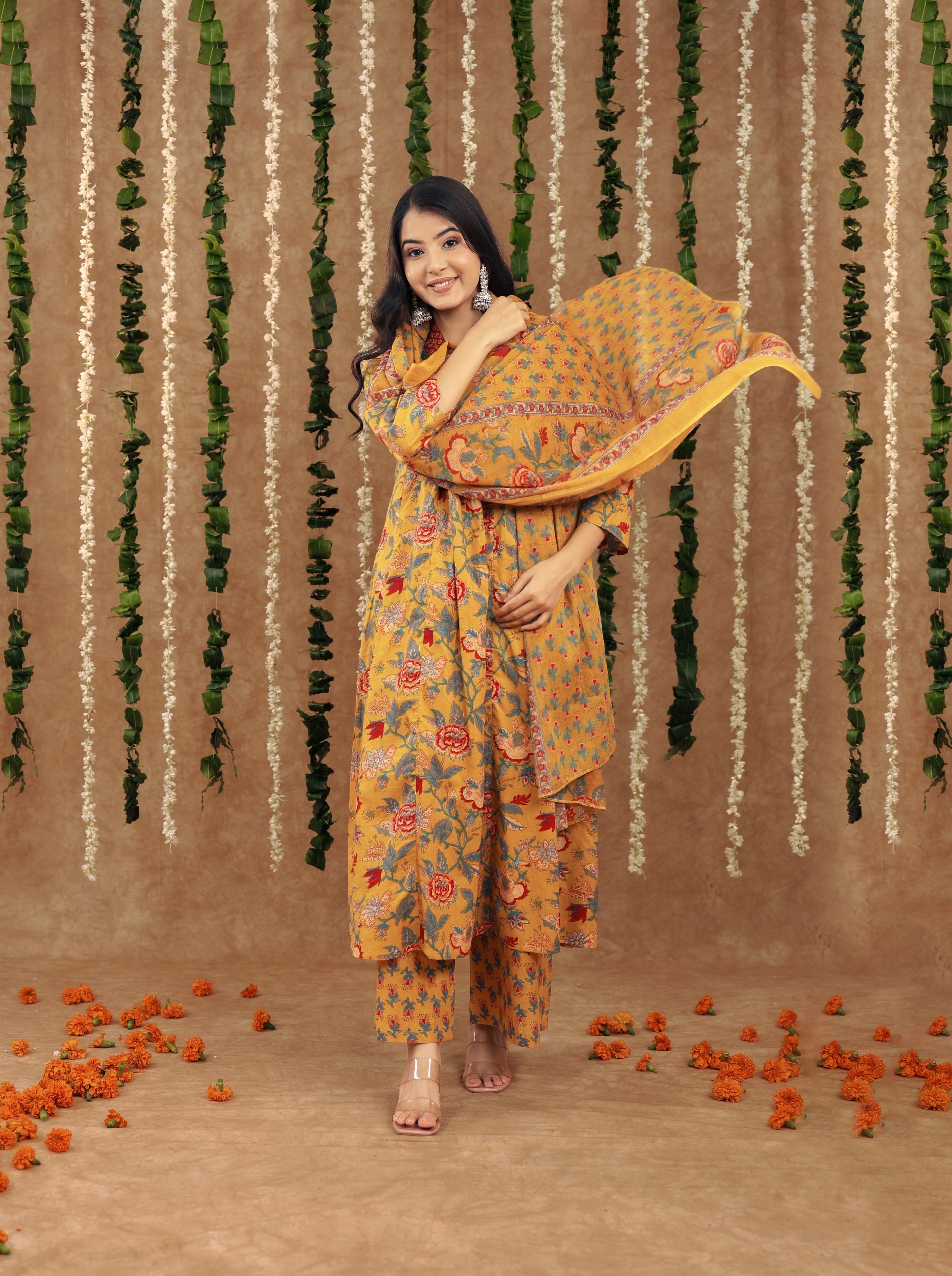 New Mustard Yellow Women Beautiful Cotton Flower Printed Neckline Worked Kurta And Pant With Cotton Mulmul Dupatta