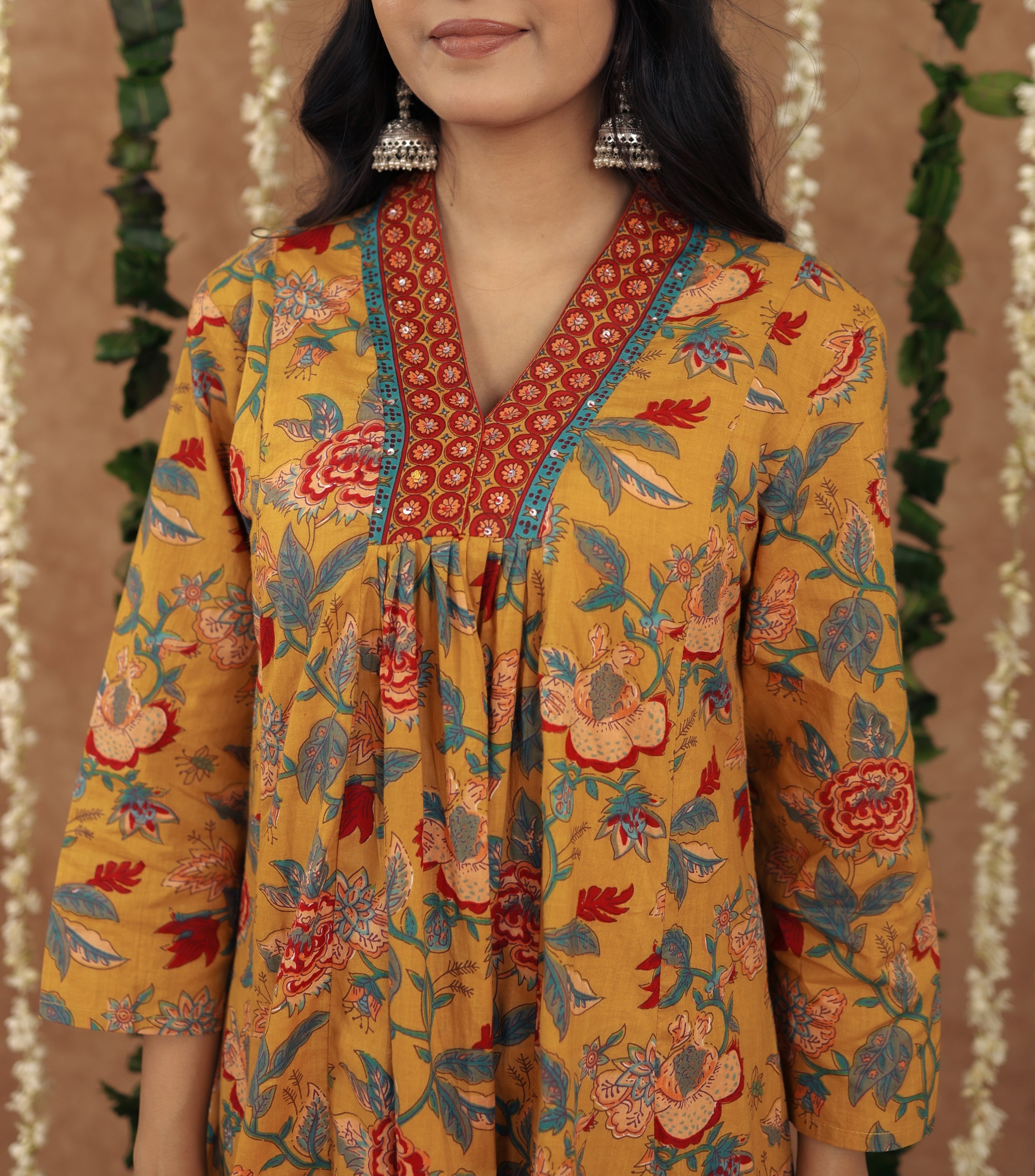 New Mustard Yellow Women Beautiful Cotton Flower Printed Neckline Worked Kurta And Pant With Cotton Mulmul Dupatta