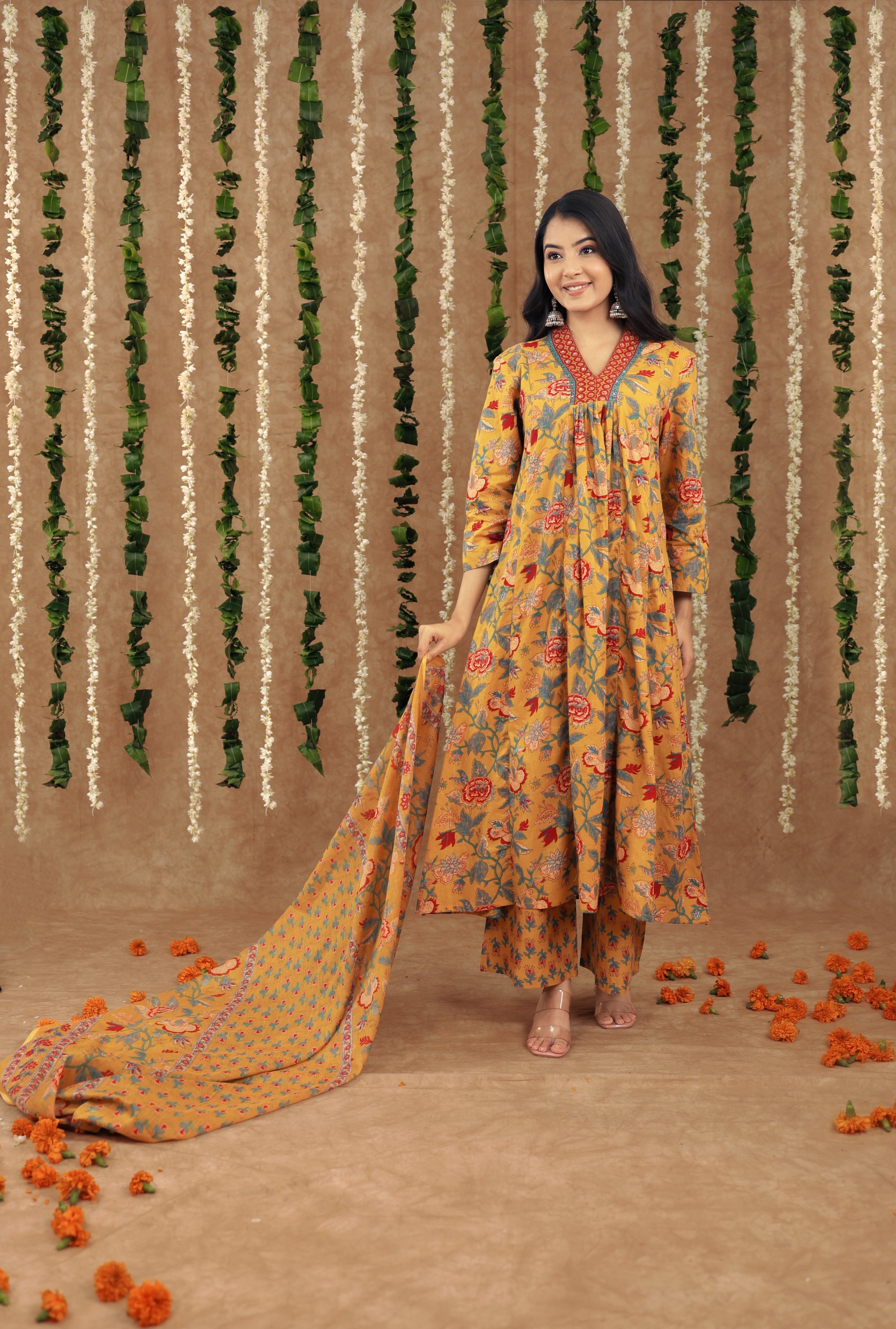 New Mustard Yellow Women Beautiful Cotton Flower Printed Neckline Worked Kurta And Pant With Cotton Mulmul Dupatta