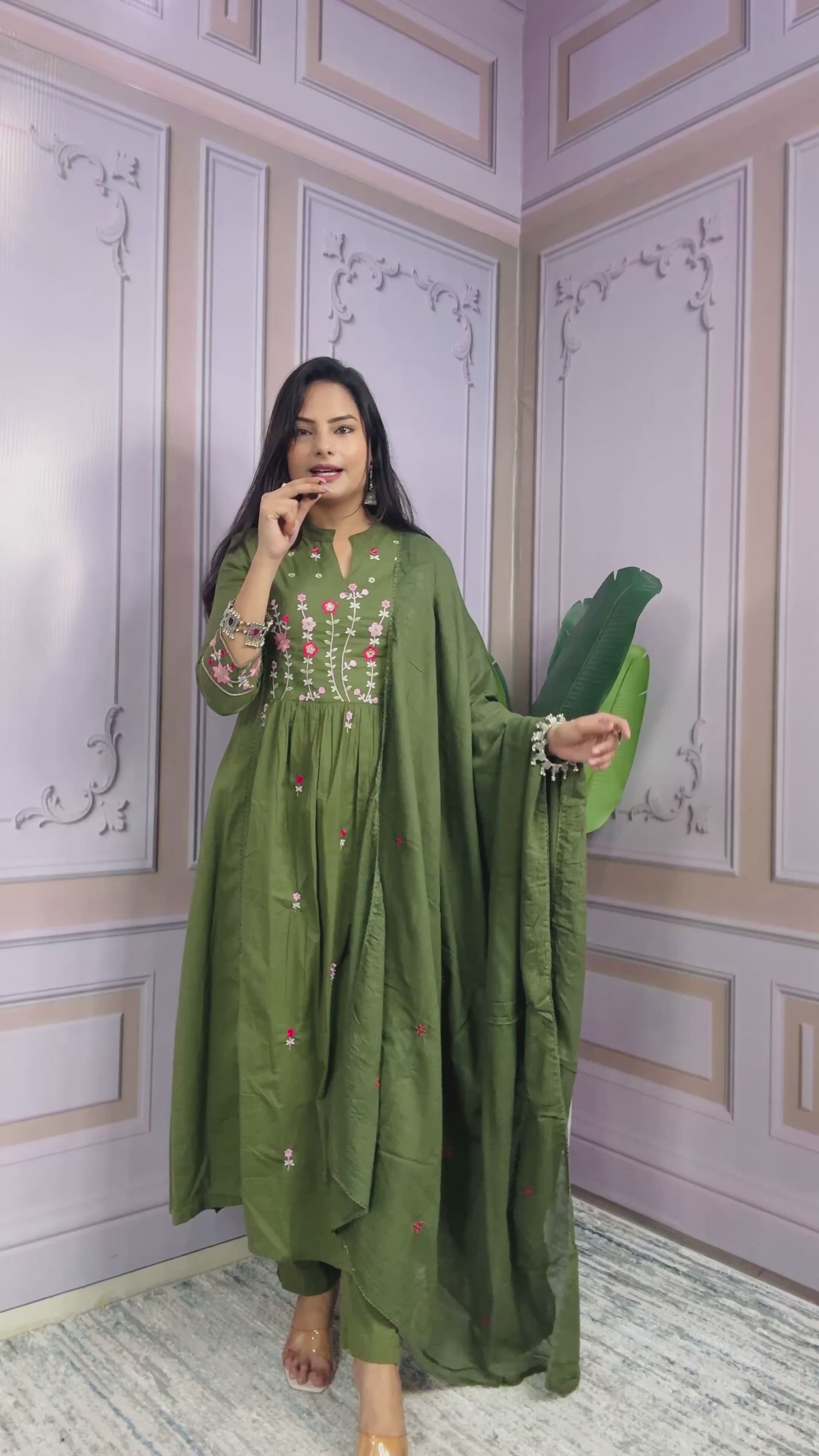Women Embroidered Panel Worked Straight Cotton Green Kurta With Pant and Dupatta
