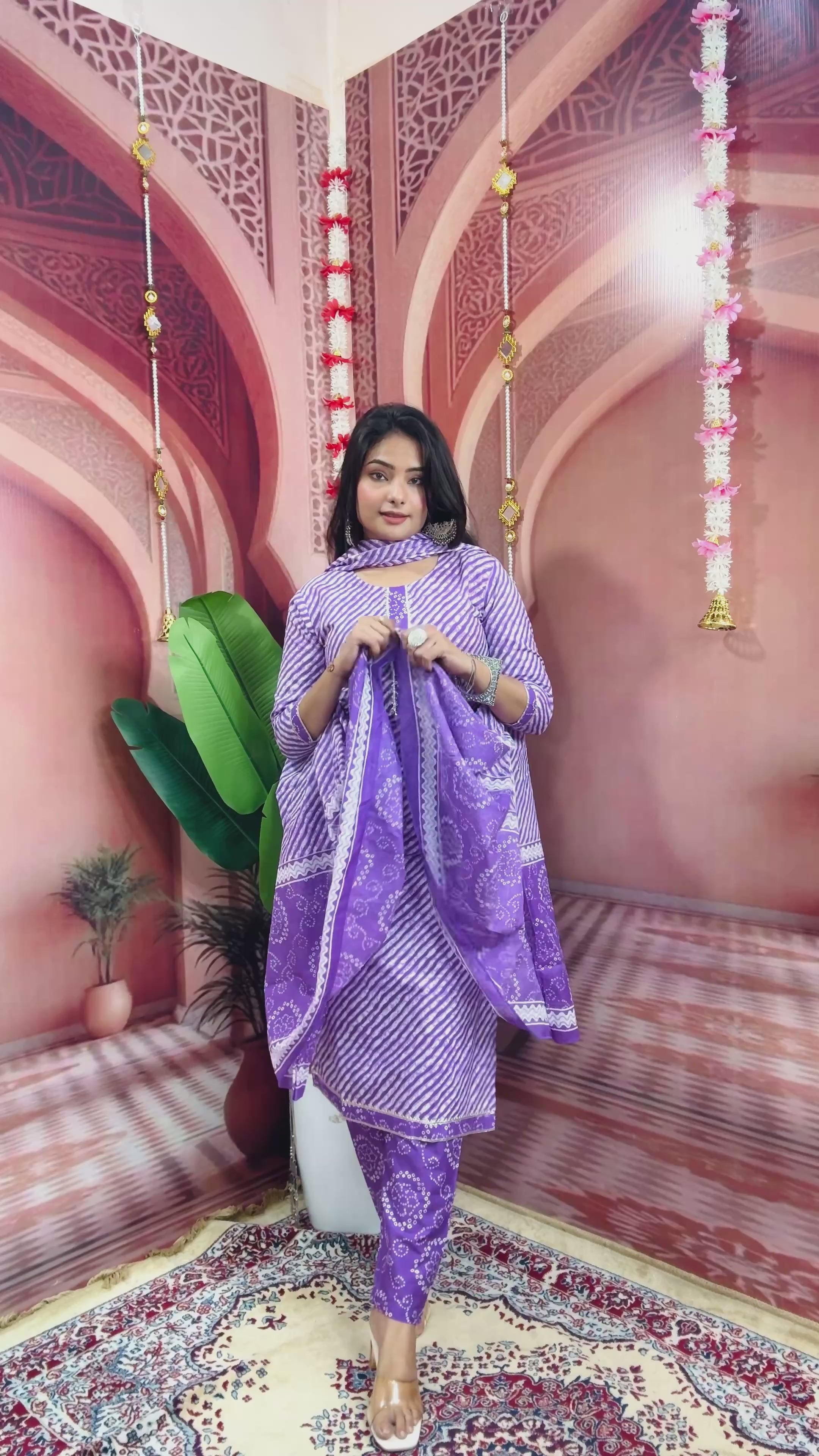 Women Beautiful Gorgeous Cotton Purple Lahriya Kurta With Pant and Dupatta