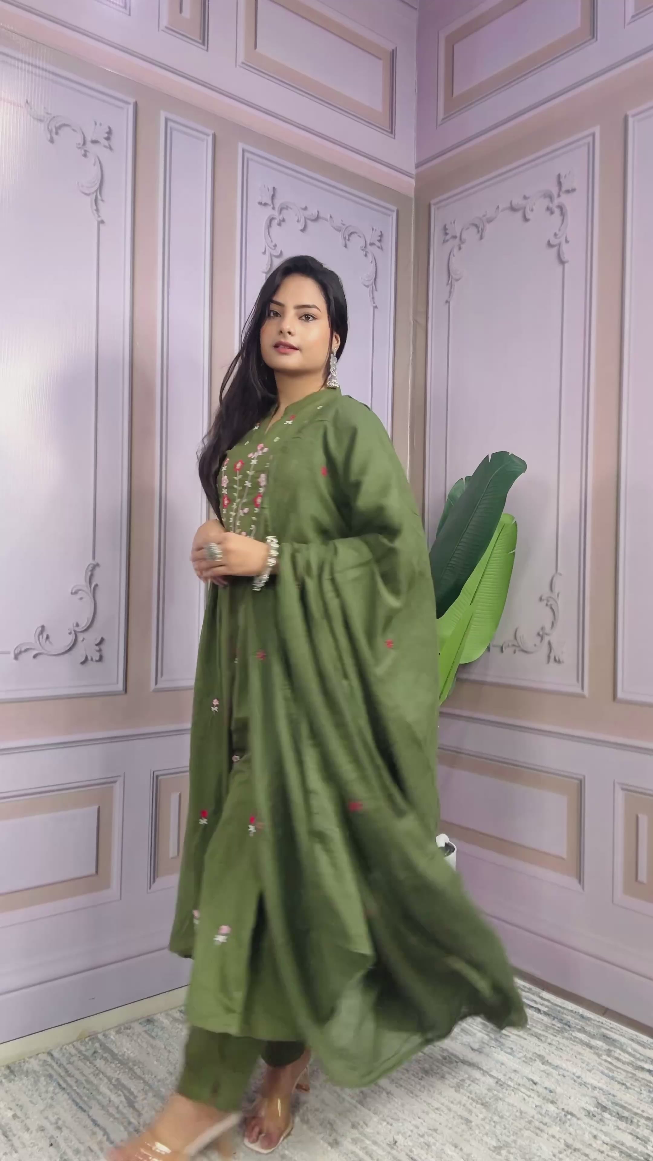 Women Embroidered Panel Worked Straight Cotton Green Kurta With Pant and Dupatta