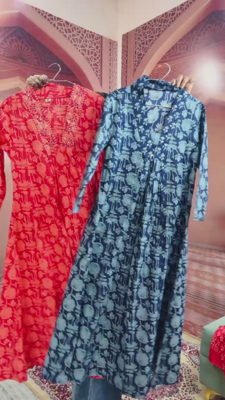 Women Beautiful Cotton Flower Printed Neckline Worked Kurta And Pant With Cotton Mulmul Dupatta