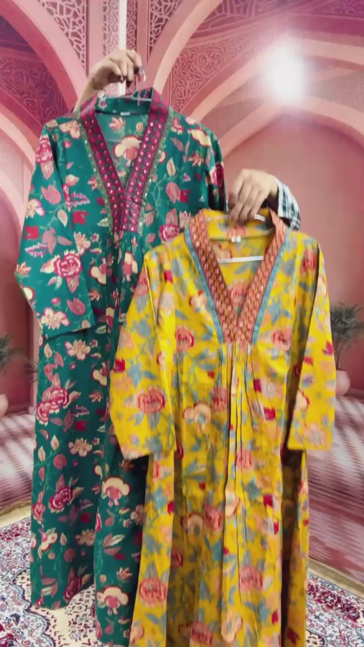 Mustard Yellow Women Beautiful Cotton Flower Printed Neckline Worked Kurta And Pant With Cotton Mulmul Dupatta