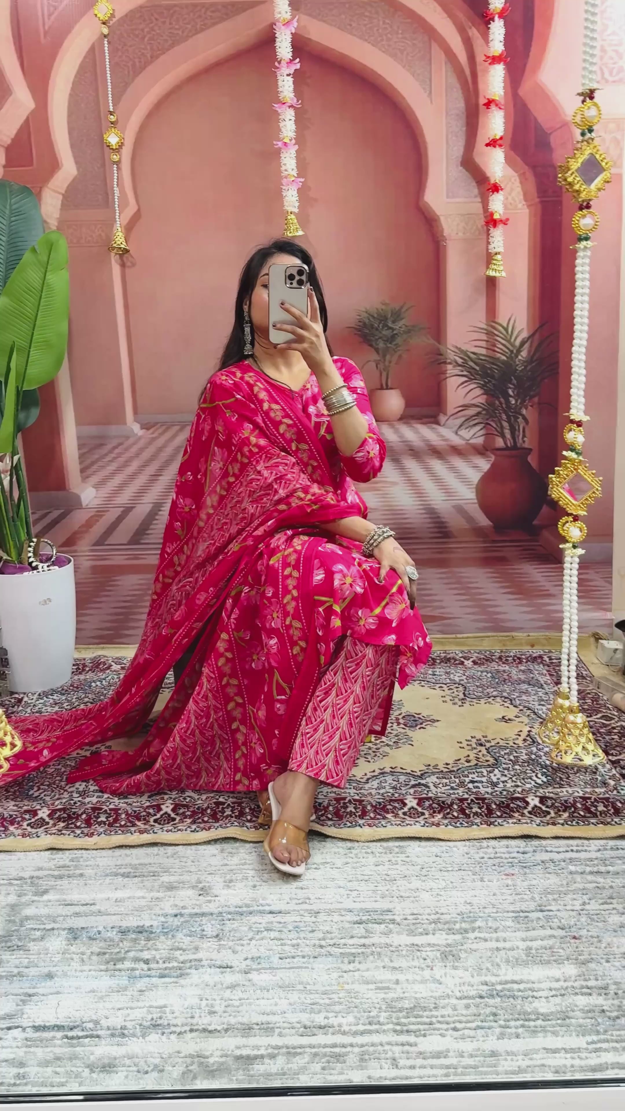 Women Jaipuri Straight Embroidered and Floral Printed Worked Cotton Pink Kurta With Pant and Dupatta