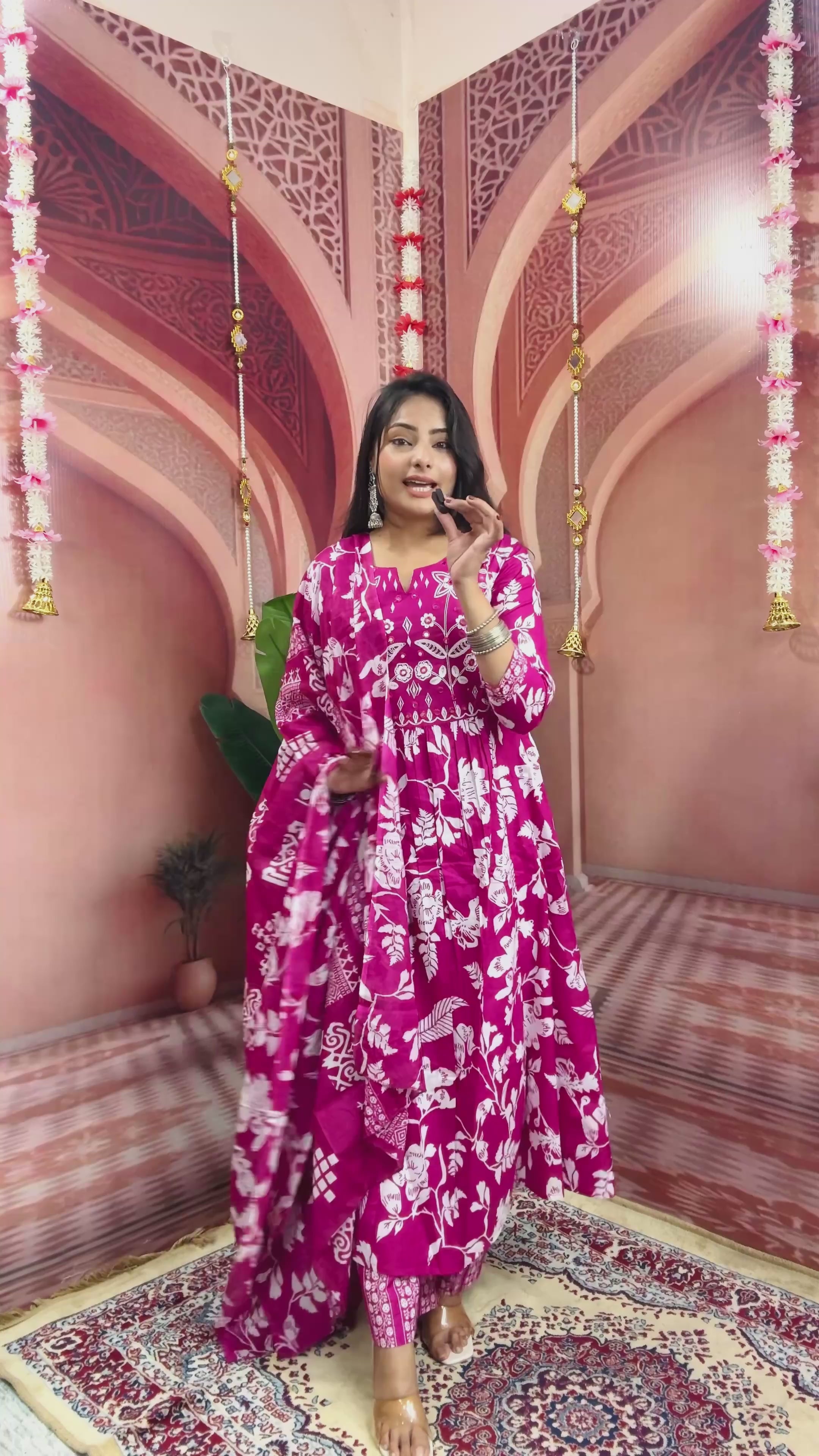 Women Flower Printed and Panel Embroidered Anarkali Style Pink Cotton Kurta and Pant and Dupatta