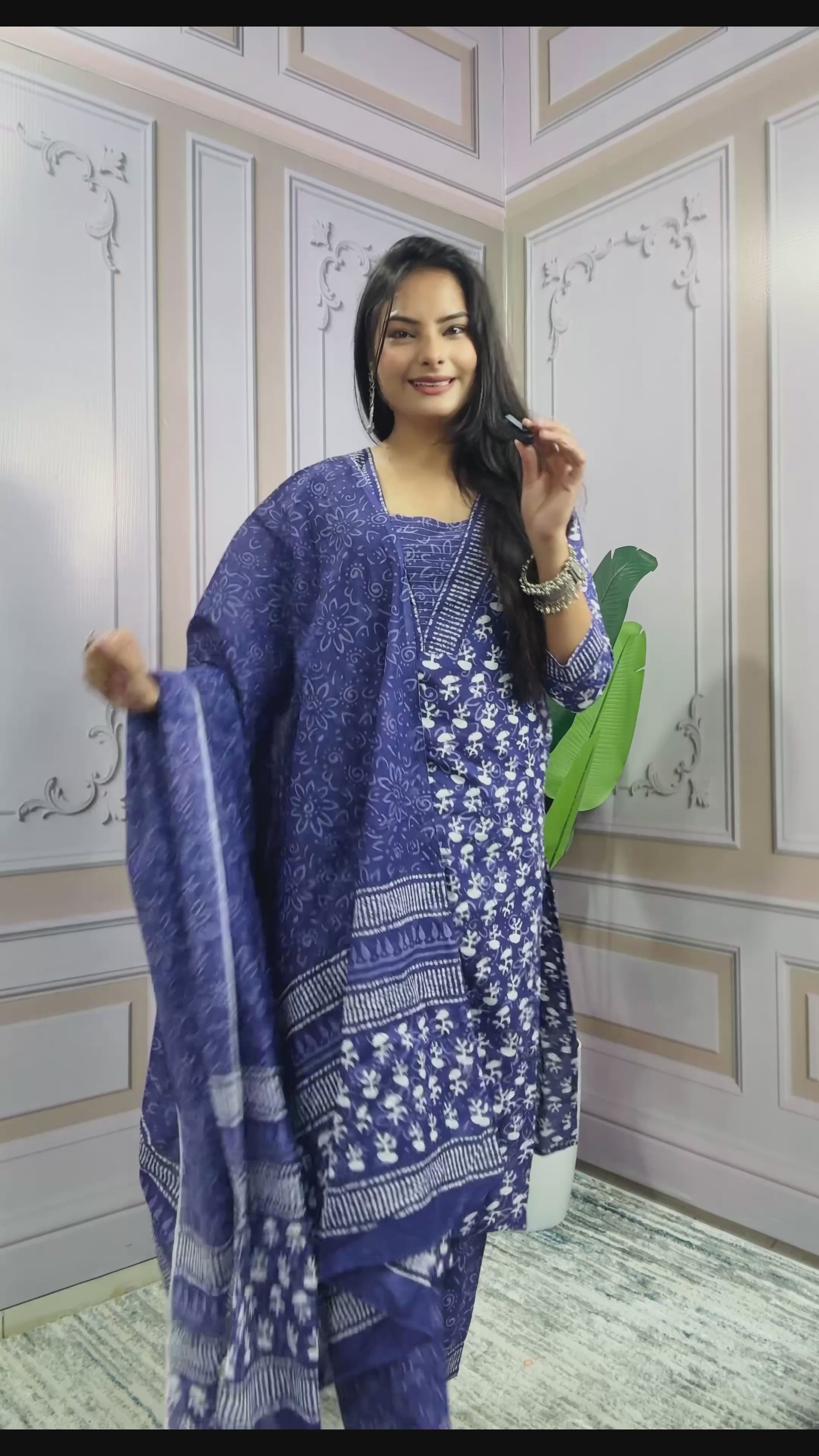 Women Beautiful Cotton Flower Printed Neckline Worked Blue Kurta And Pant With Cotton Mulmul Dupatta