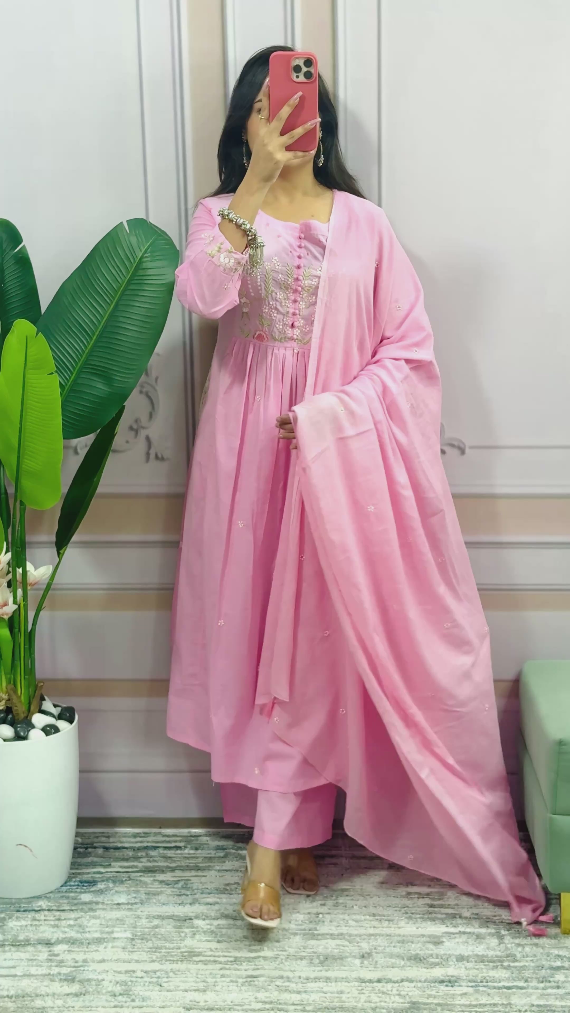 Women Cotton Flower Embroidered Worked Pink Kurta With Pant and Dupatta