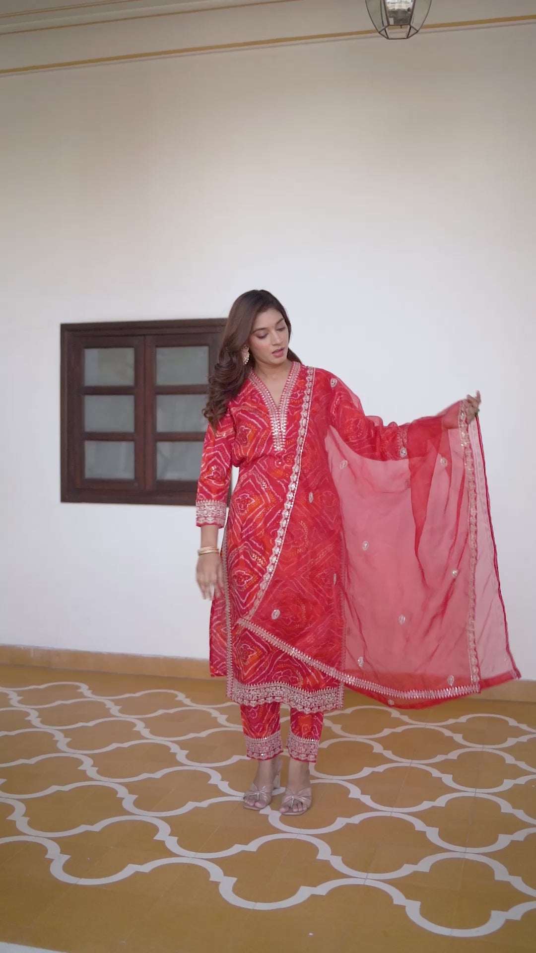 Women Party Wear Bandhani Printed With Lace Worked Rayon Red Kurta With Pant and Orgenza Dupatta