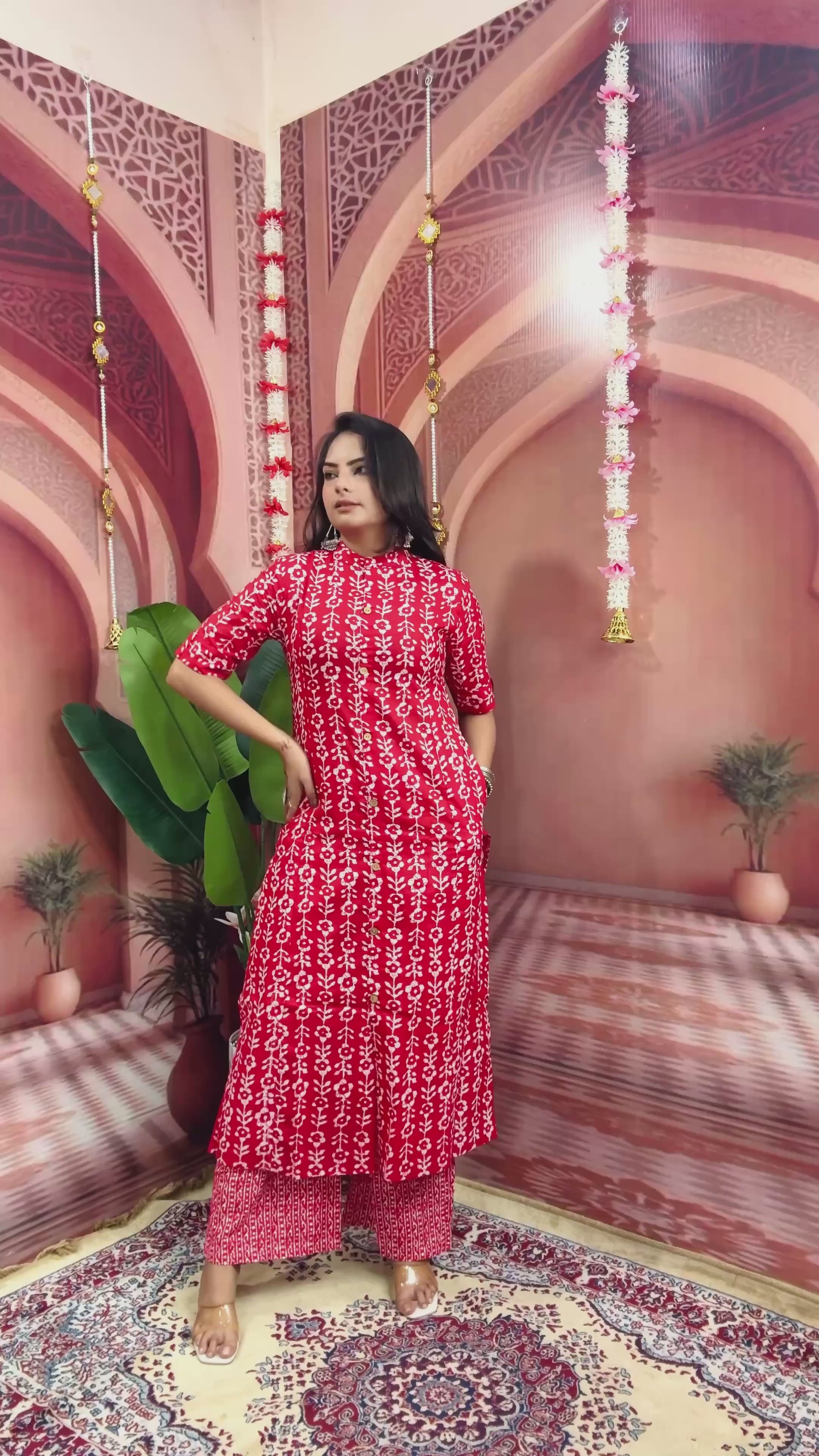 Women Cotton Flower Printed Red Straight Kurta With Pant ( Cord Set)