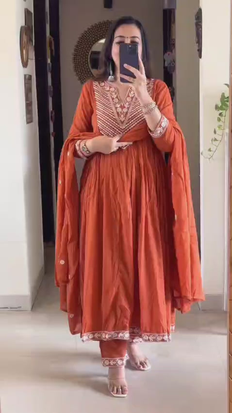 Jaipuri Women White Embroidered Panel Worked Flared Cotton Orange Color Kurta With Pant and Dupatta