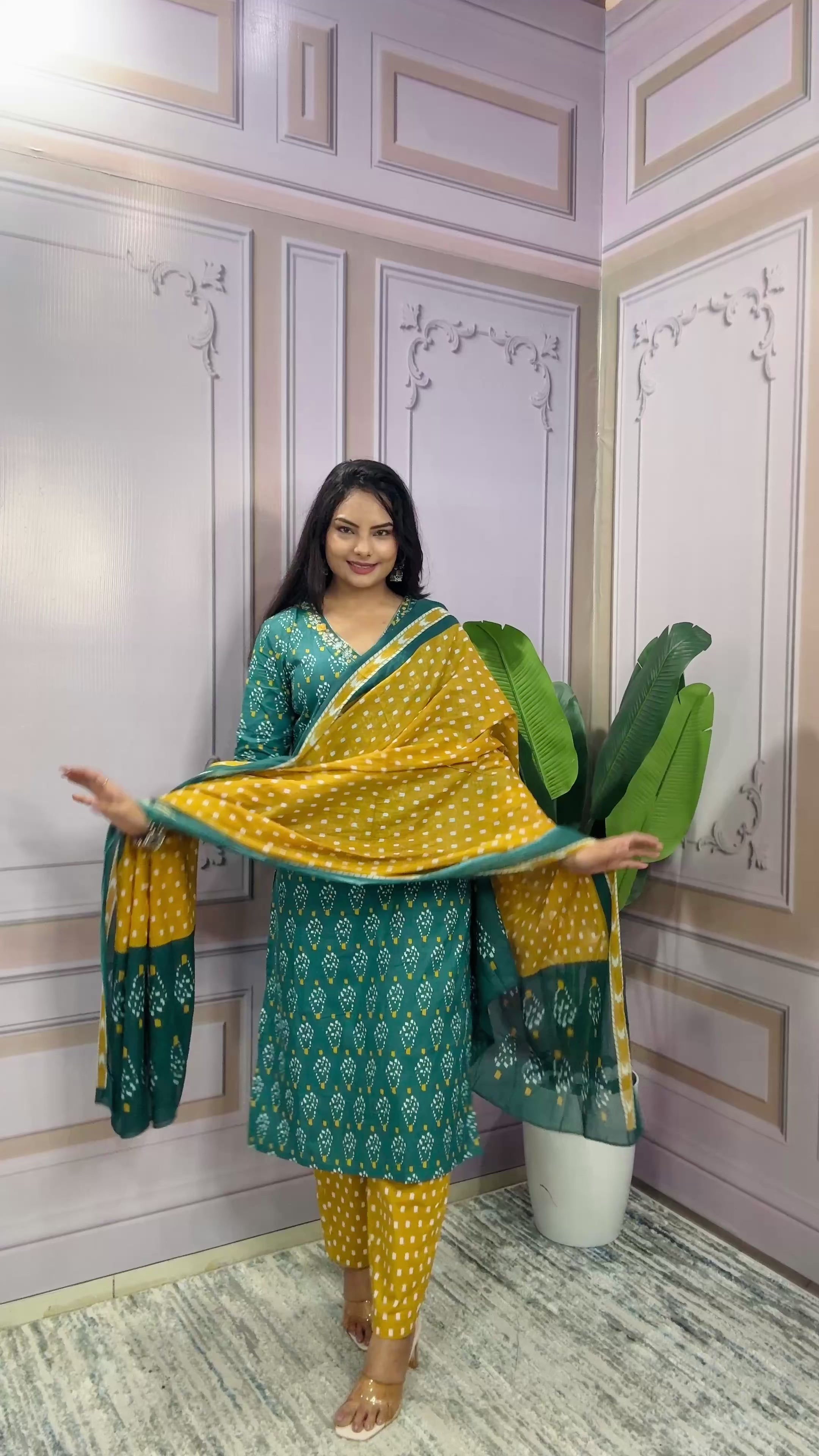 Women Designer Rich Cotton Floral Printed Rama Yellow Kurta and Pant With Dupatta