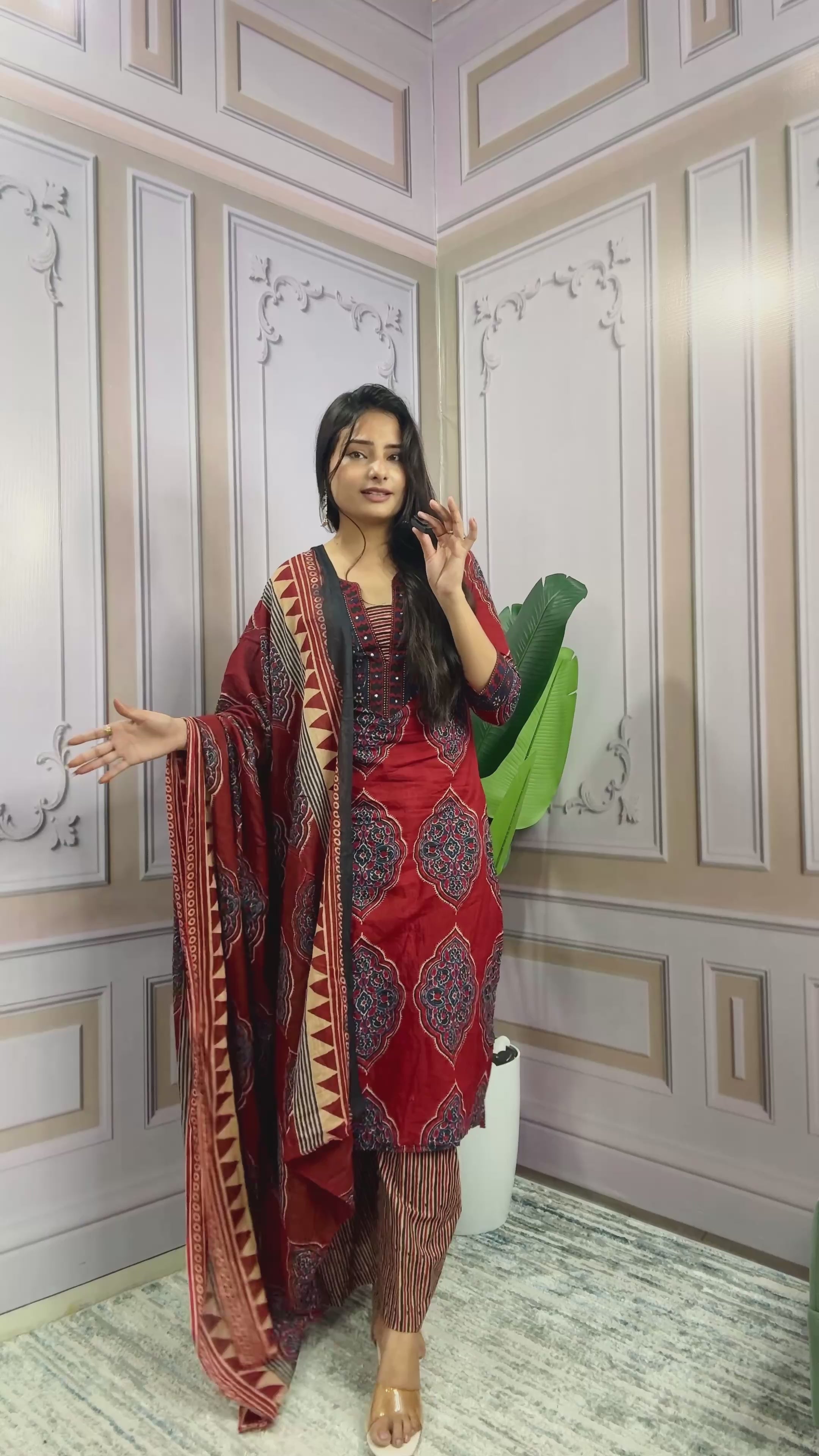 Women Beautiful Flower Printed Neckline Worked Maroon Kurta And Pant With Cotton Mulmul Dupatta