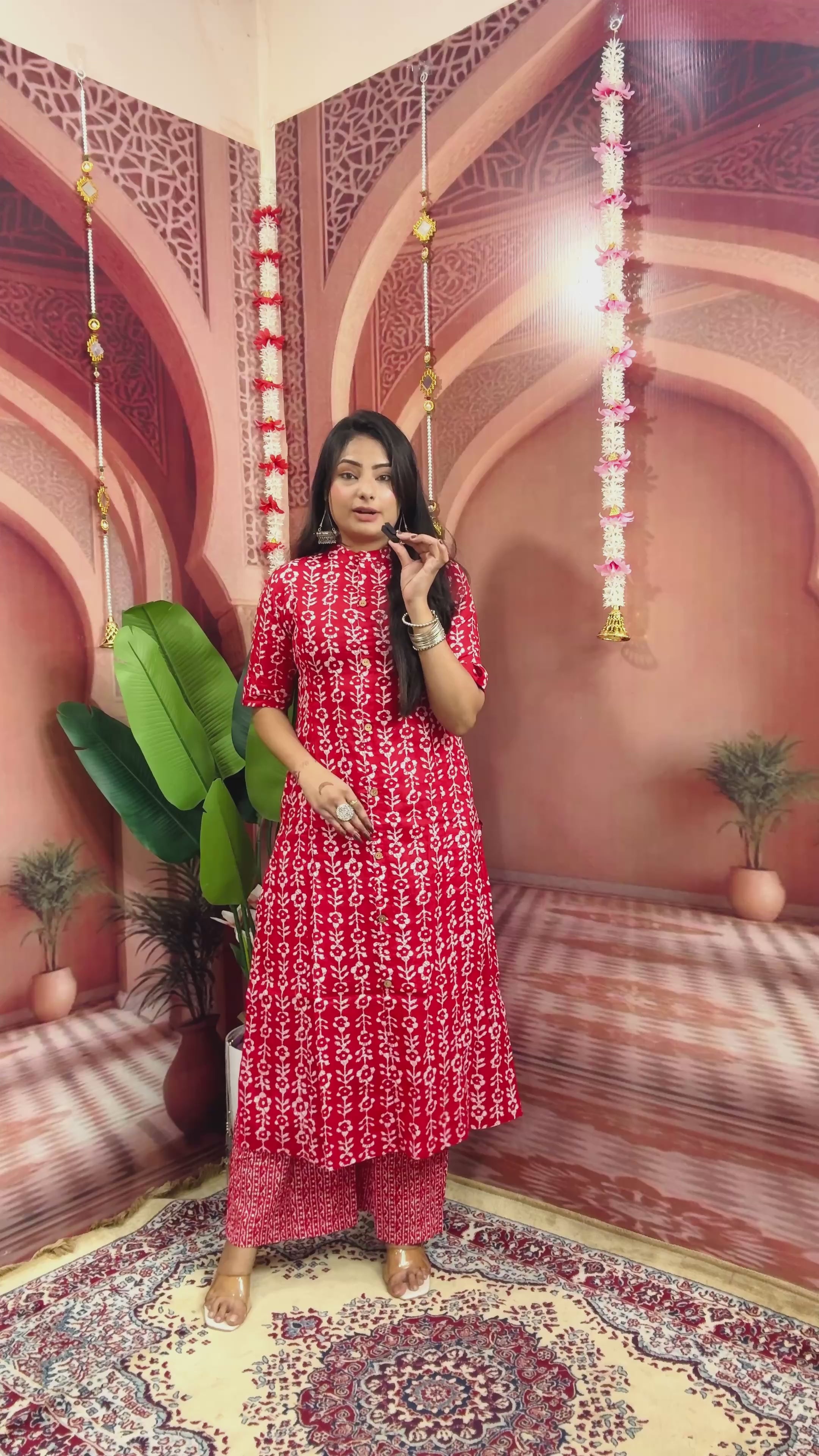 Women Cotton Flower Printed Red Straight Kurta With Pant ( Cord Set)