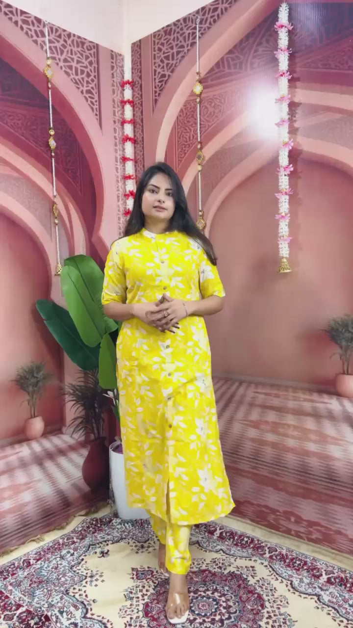 Women Yellow Floral Fine Printed Cotton Co-ord Set Aline Pattern Paried With Ankle Length Pant (CORD SET)