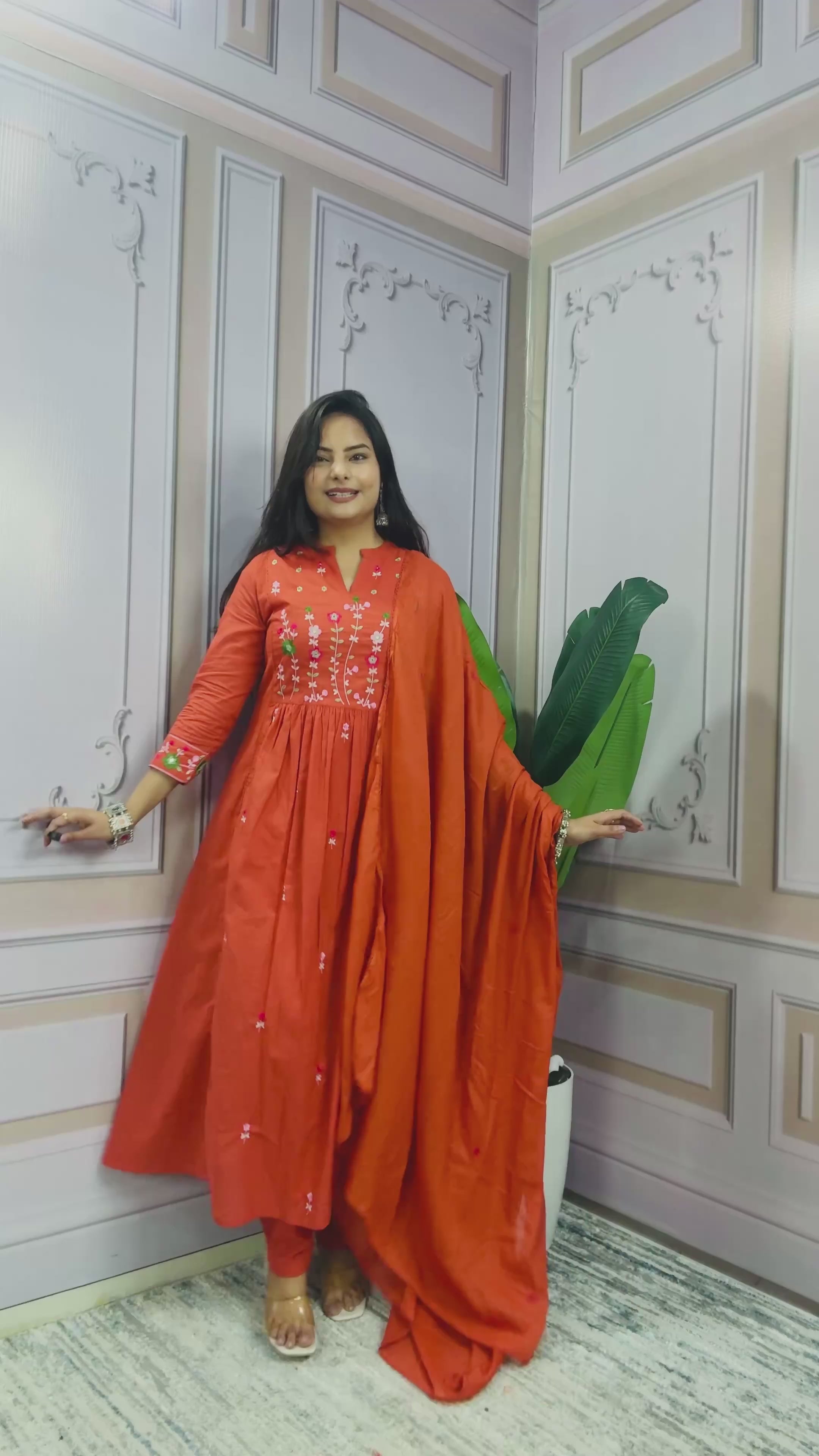 Women Embroidered Panel Worked Straight Cotton Orange Kurta With Pant and Dupatta