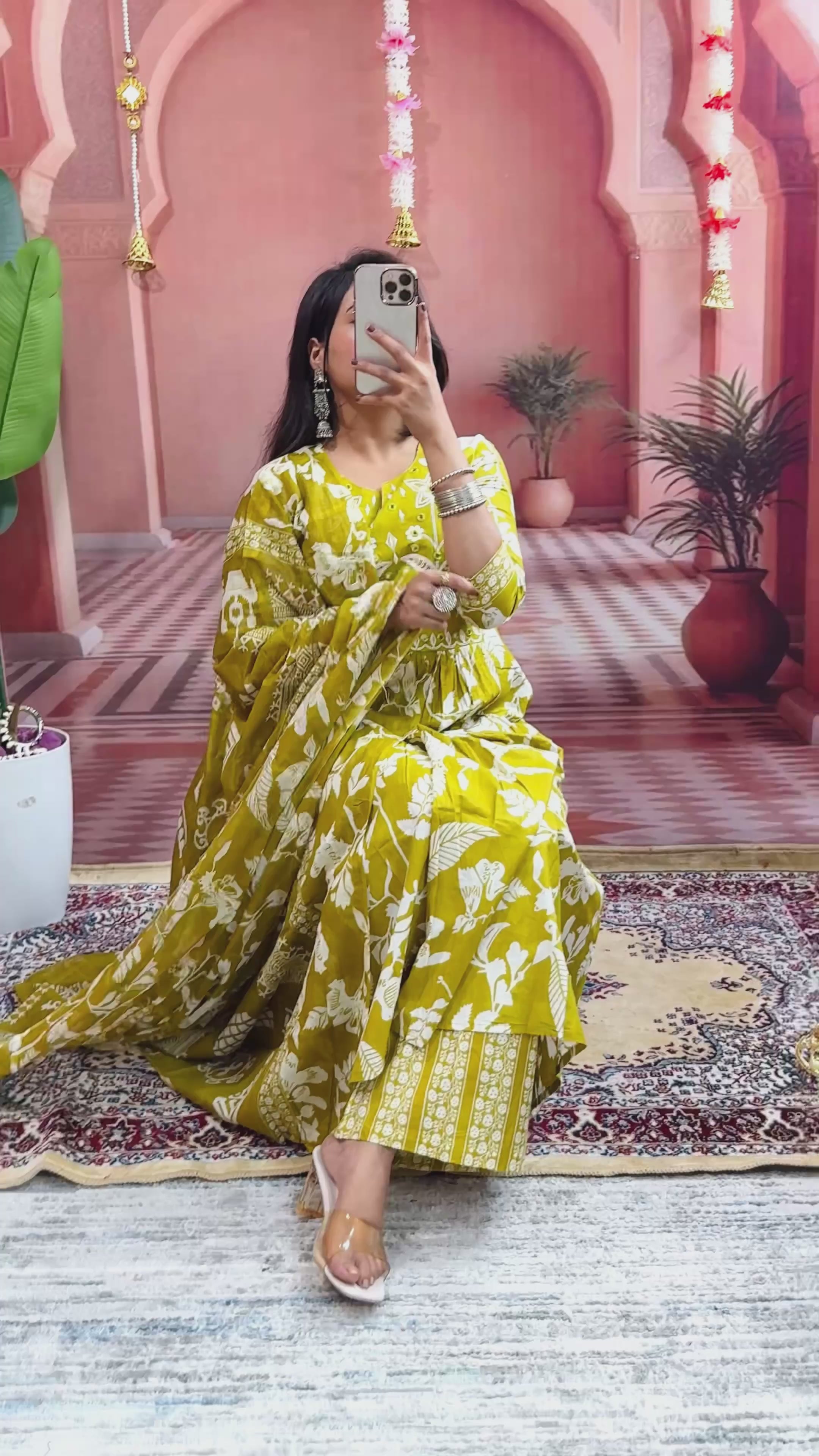 Women Flower Printed and Panel Embroidered Anarkali Style Mehandi Green Cotton Kurta and Pant and Dupatta