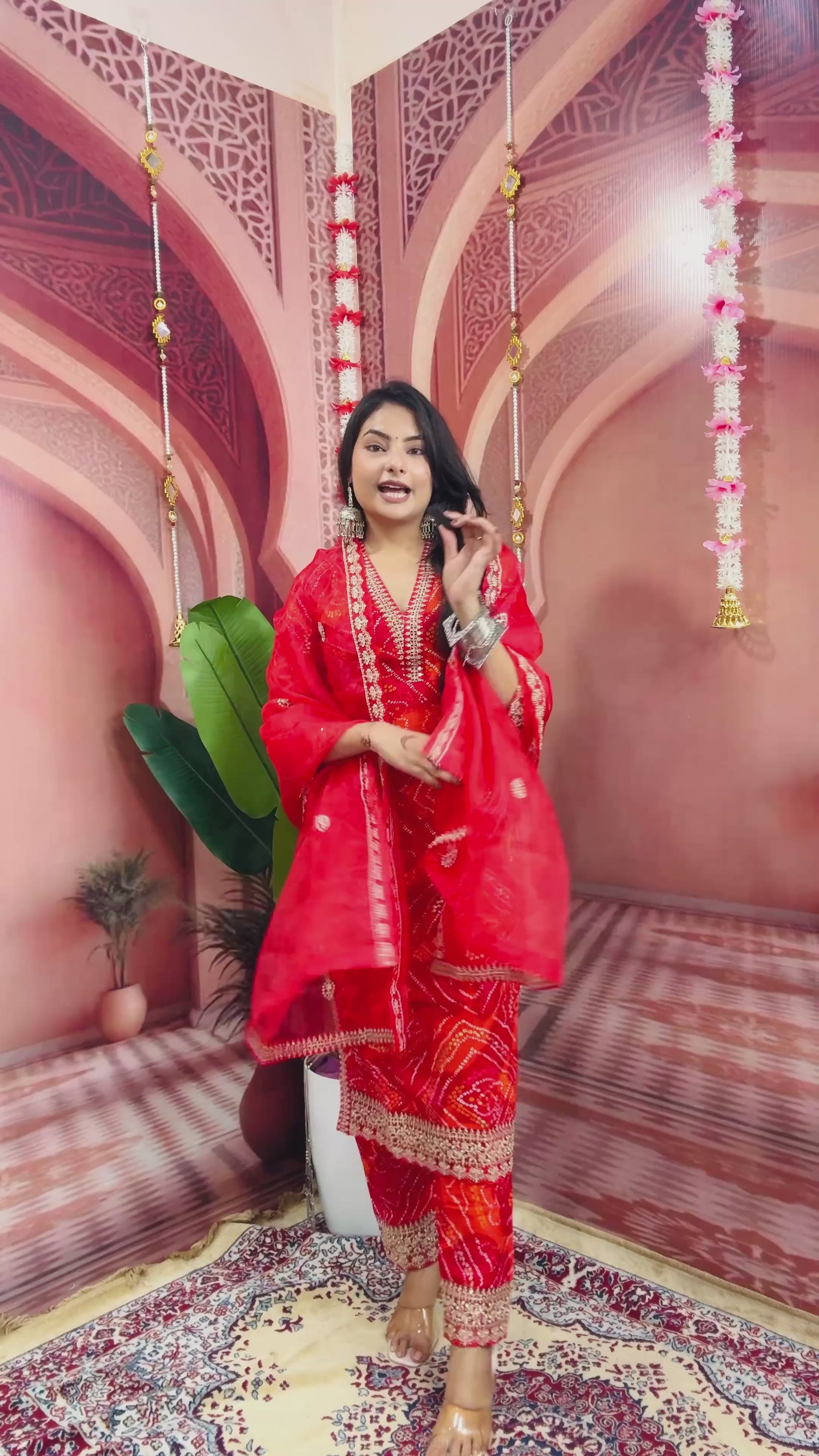 Party Wear Bandhani Printed With Lace Worked Rayon Red Kurta With Pant and Orgenza Dupatta