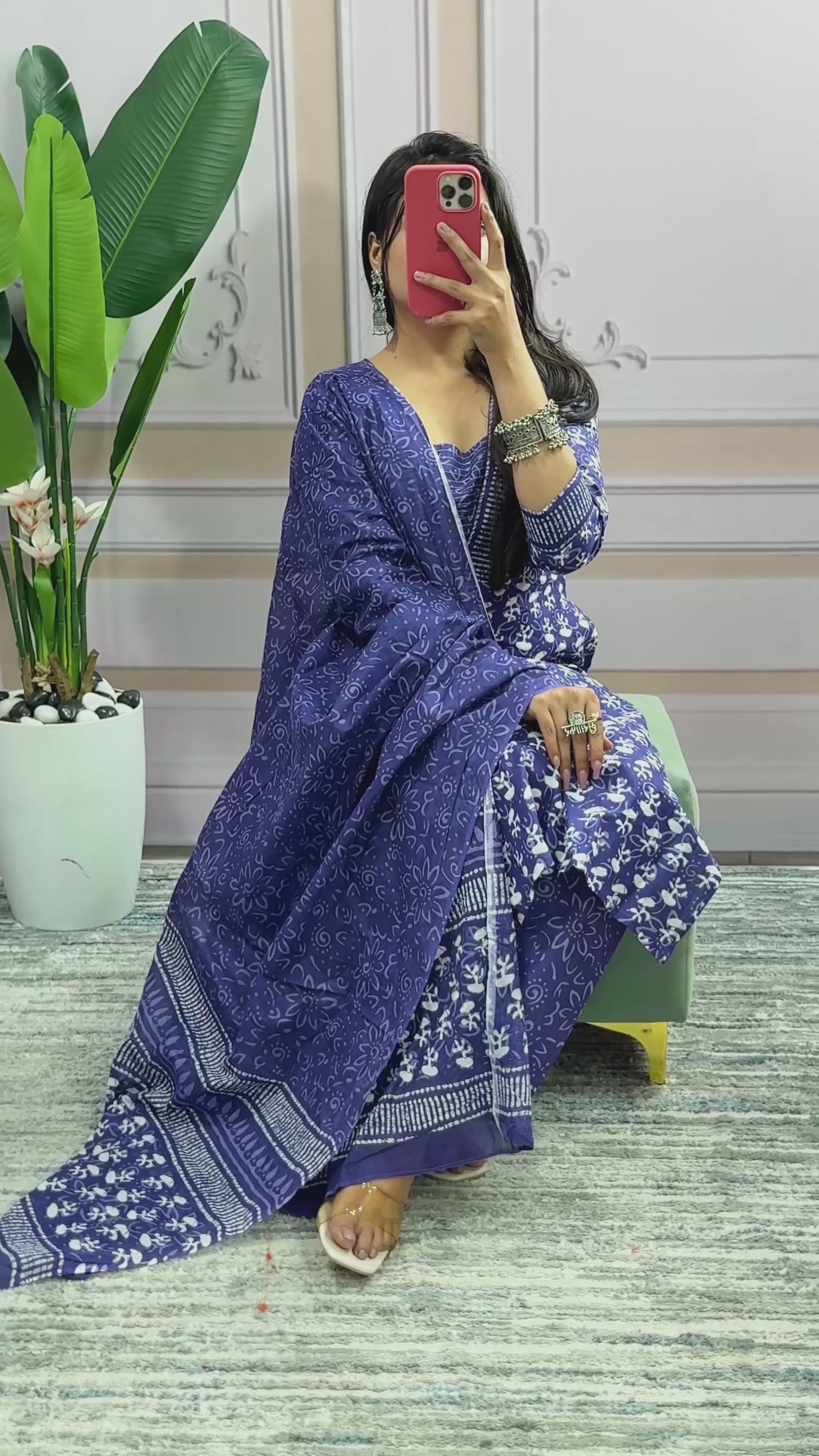 Women Beautiful Cotton Flower Printed Neckline Worked Blue Kurta And Pant With Cotton Mulmul Dupatta