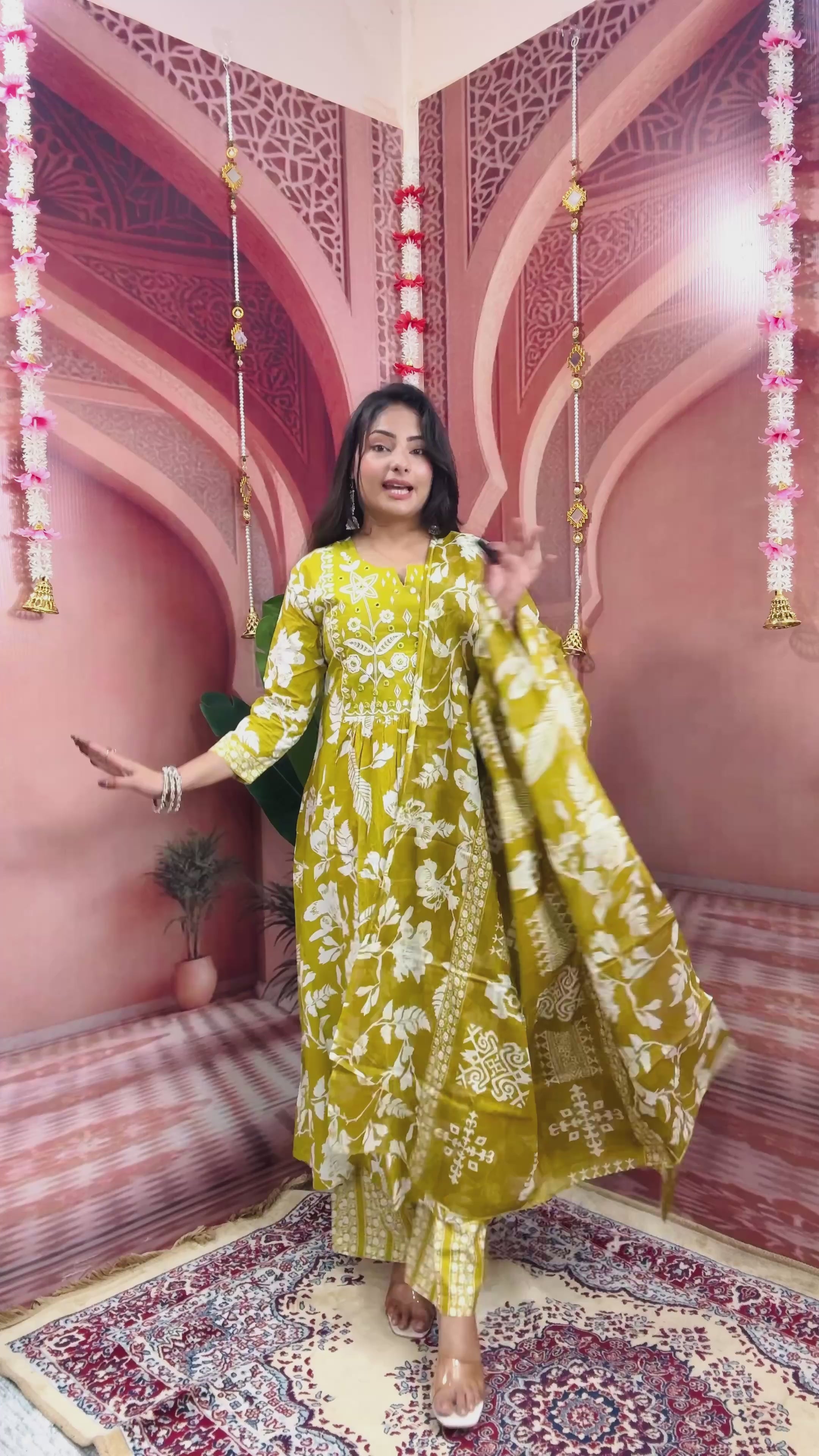 Women Flower Printed and Panel Embroidered Anarkali Style Mehandi Green Cotton Kurta and Pant and Dupatta