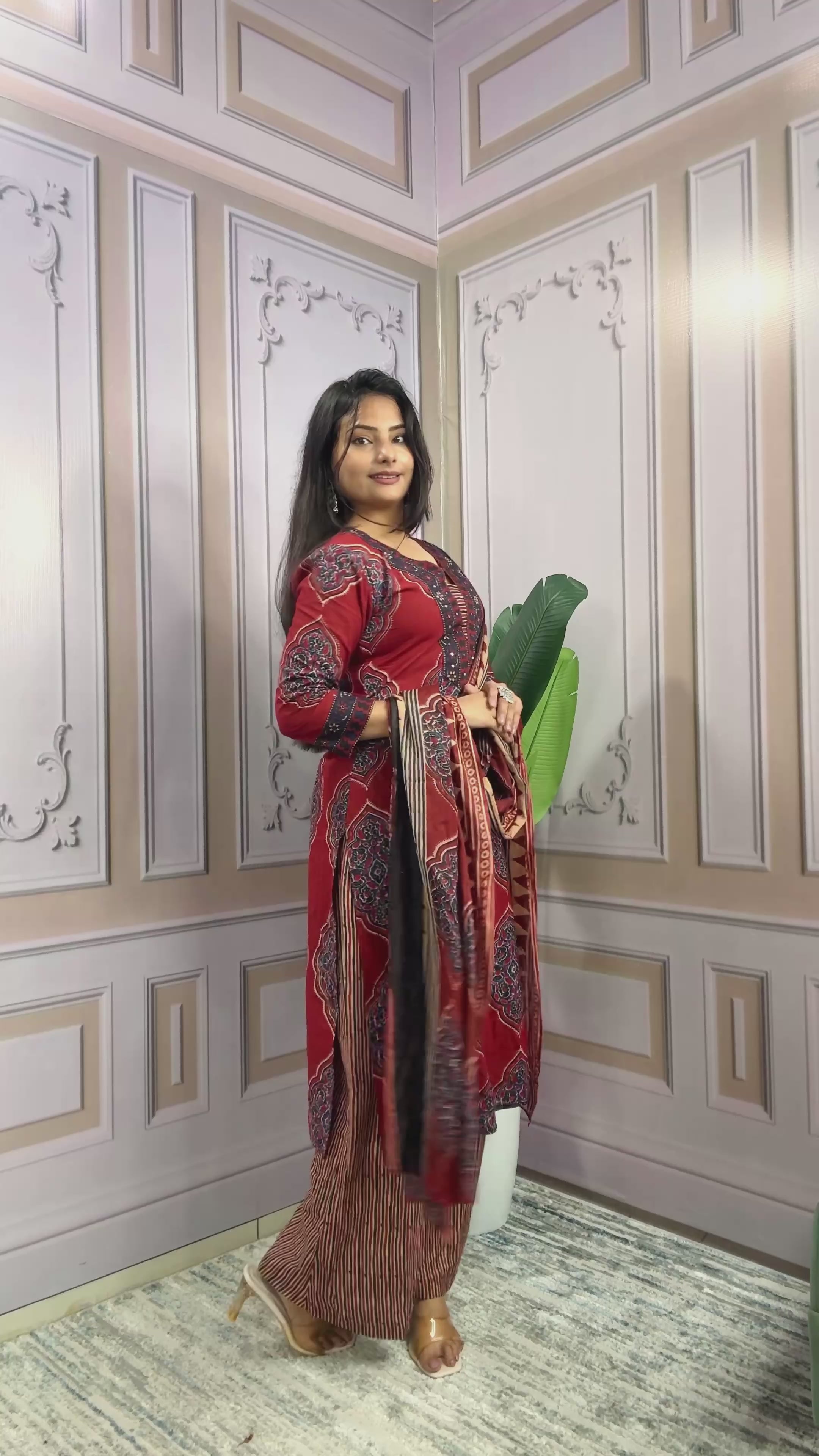 Women Beautiful Flower Printed Neckline Worked Maroon Kurta And Pant With Cotton Mulmul Dupatta