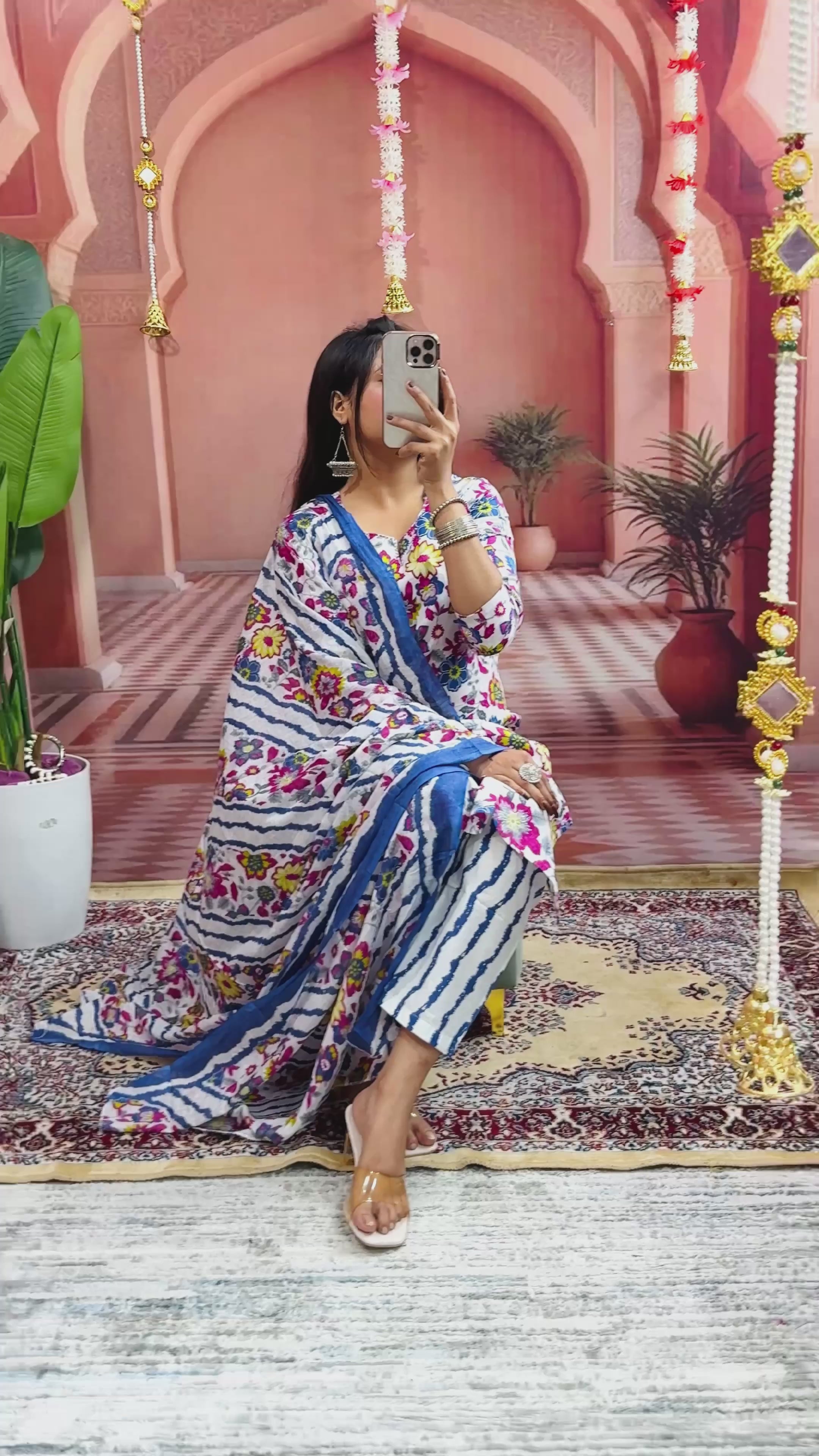 Women Jaipuri Cotton Flower Printed Neckline Worked Multicolor Kurta And Pant With Cotton Mulmul Dupatta