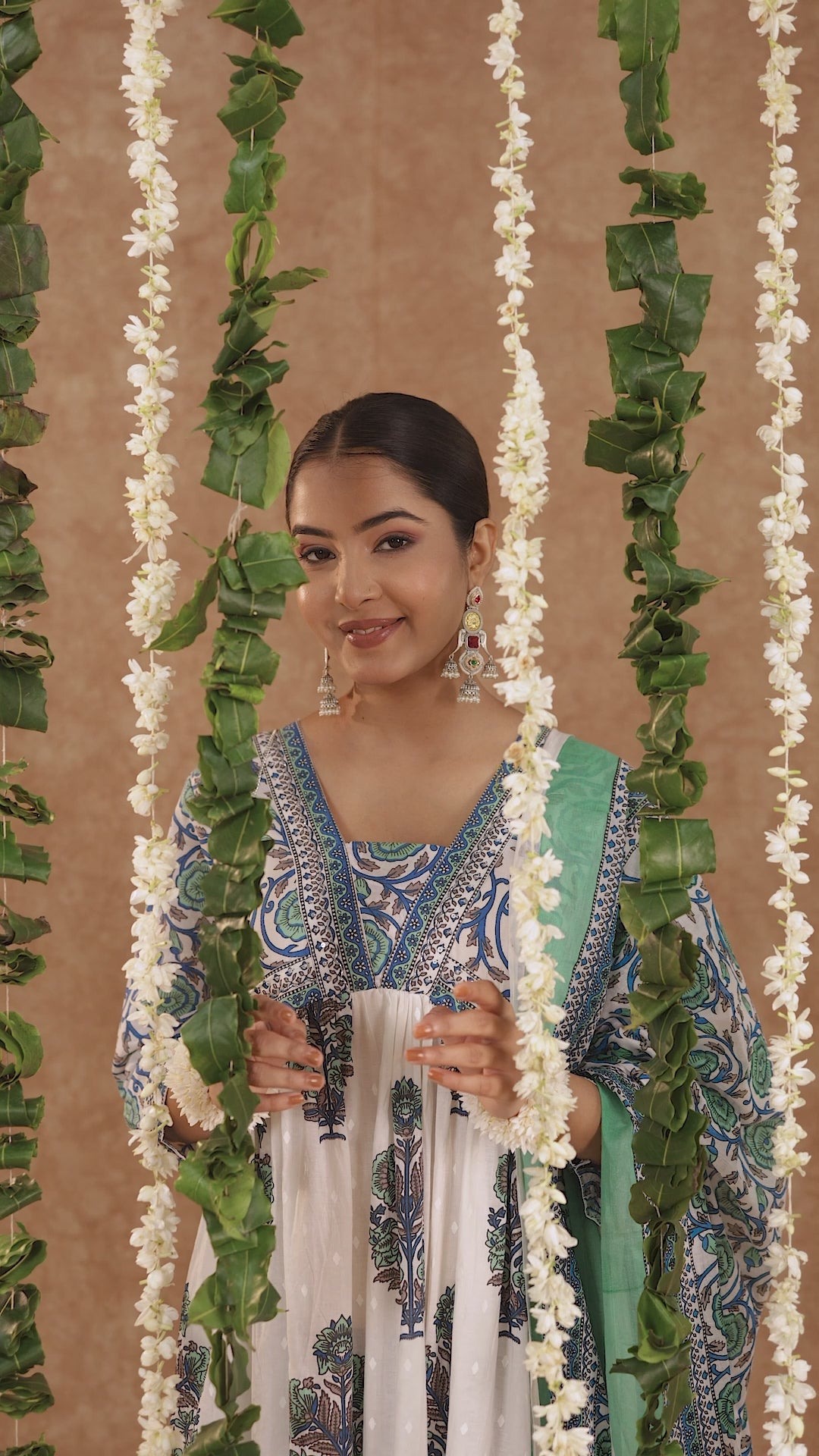 Jaipuri Printed White Blue Cotton Kurti With Pant And Dupatta For Women