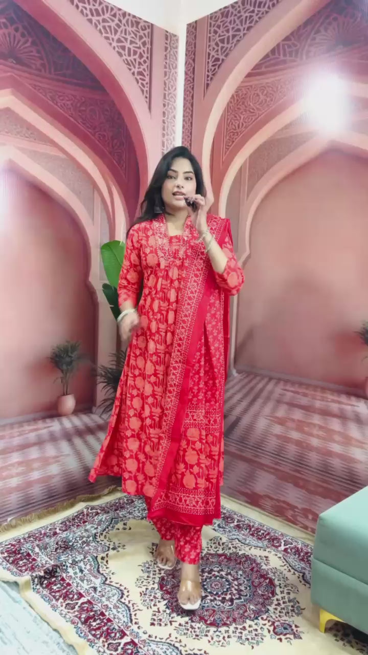 Women Beautiful Cotton Flower Printed Neckline Worked Kurta And Pant With Cotton Mulmul Dupatta