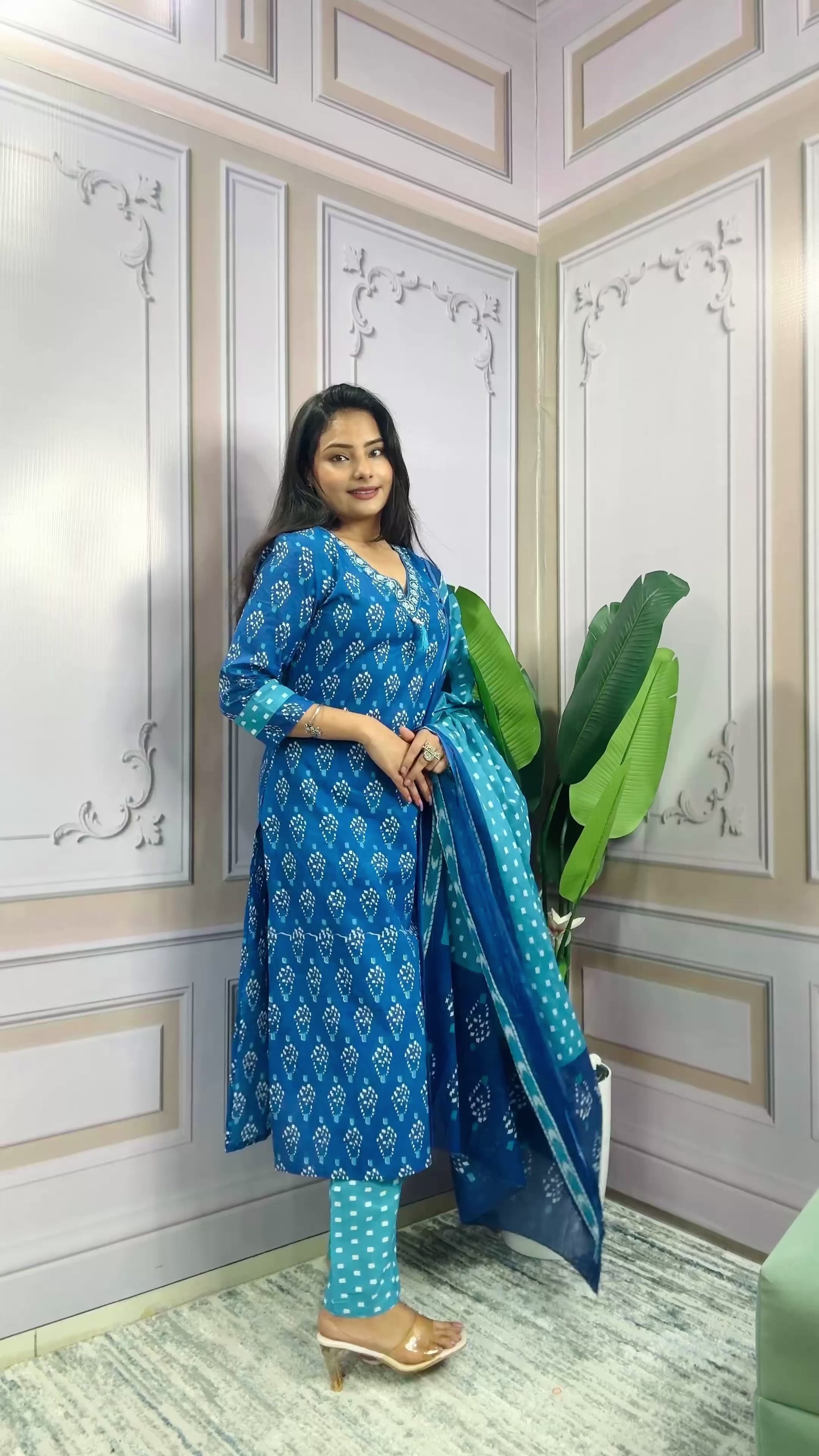 Women Designer Rich Cotton Floral Printed Blue Kurta and Pant With Dupatta
