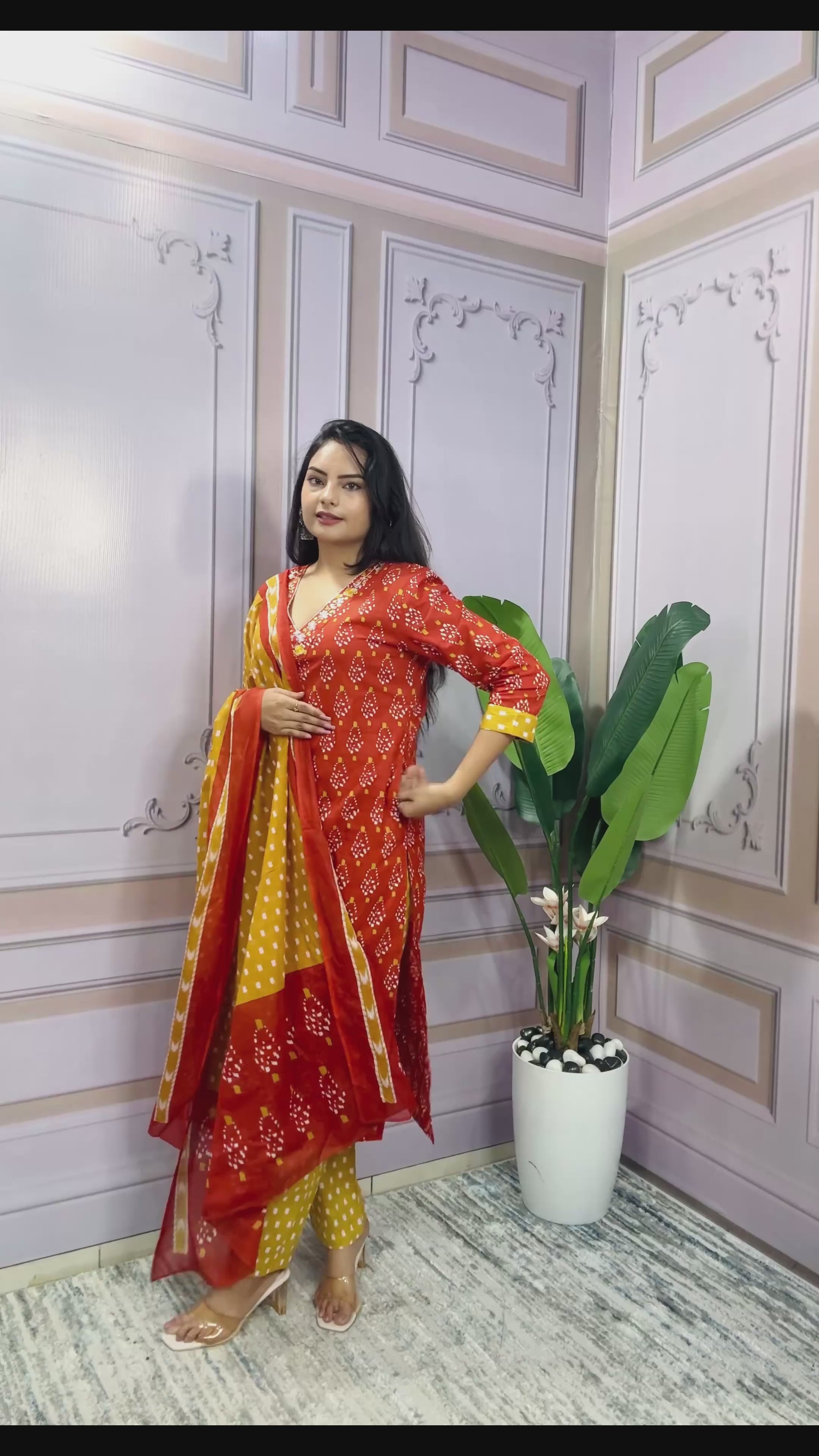 Women Designer Rich Cotton Floral Printed Orange Yellow Kurta and Pant With Dupatta