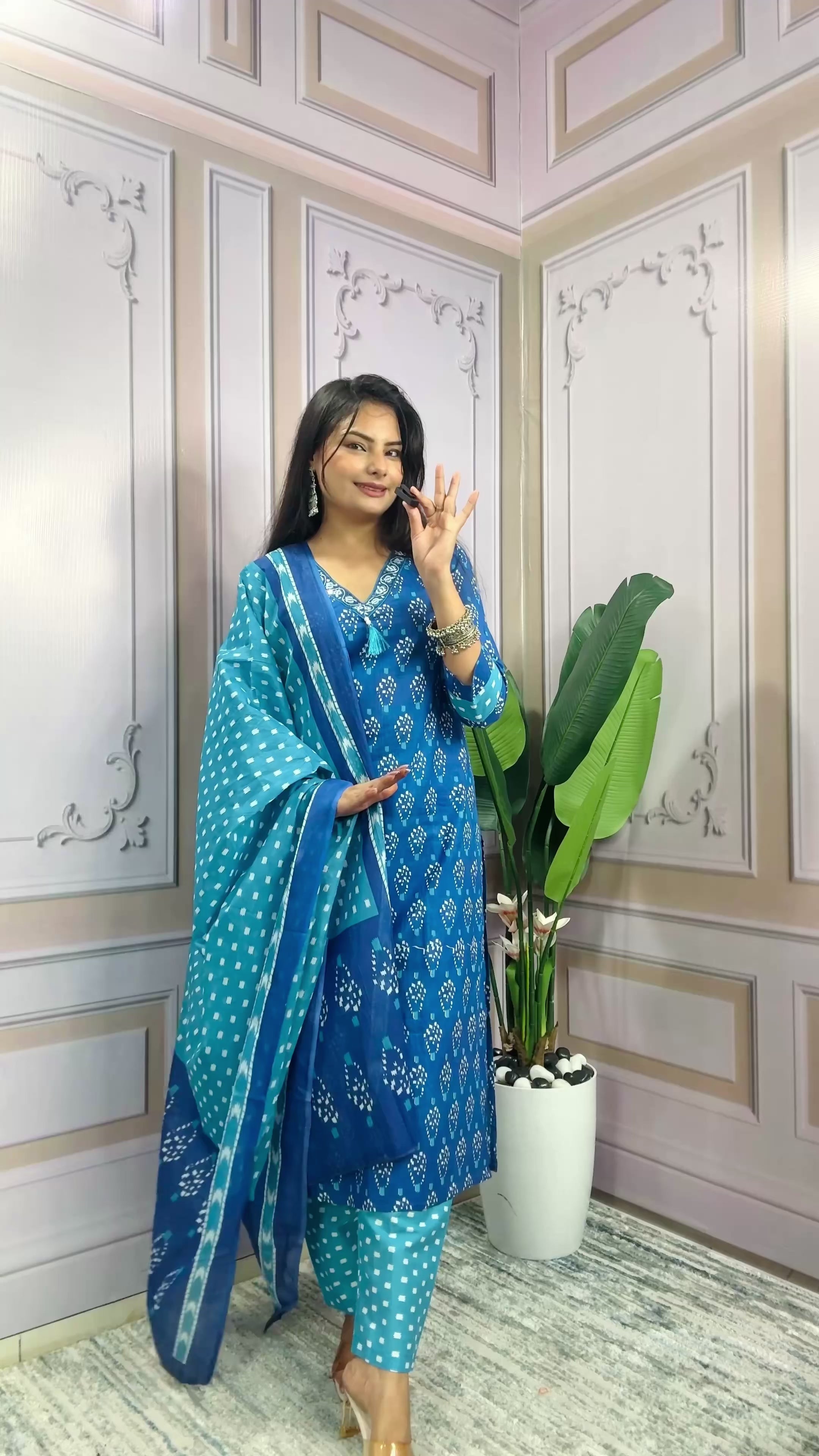 Women Designer Rich Cotton Floral Printed Blue Kurta and Pant With Dupatta